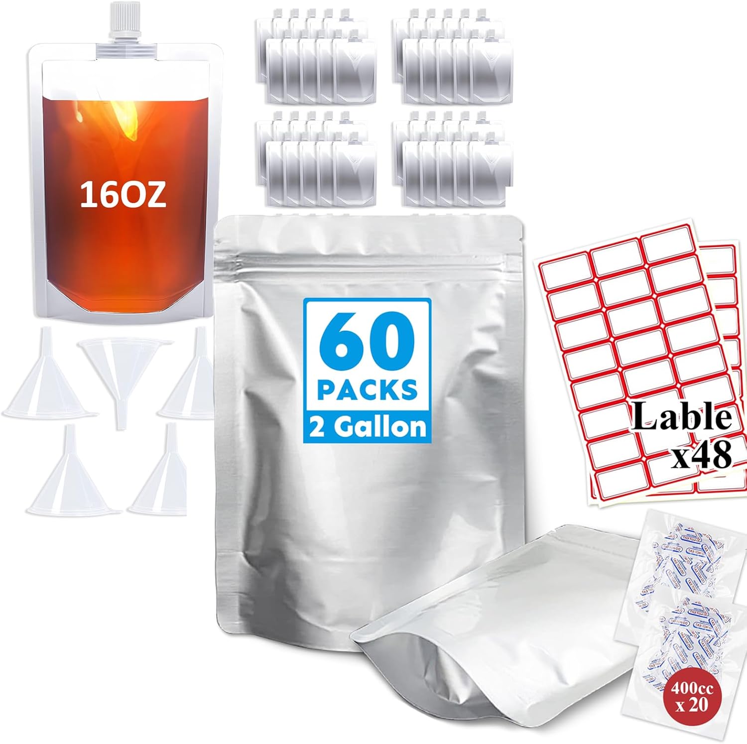 30PCS 2Gallon Mylar Bags&100PCS 16OZ Drink Bags,Stand Up Bags with Oxygen Absorbers&Labels for Food Storage,Reusable Plastic Flasks Pouches with Funnel for Beverage,Juice,Camping,BPA Free
