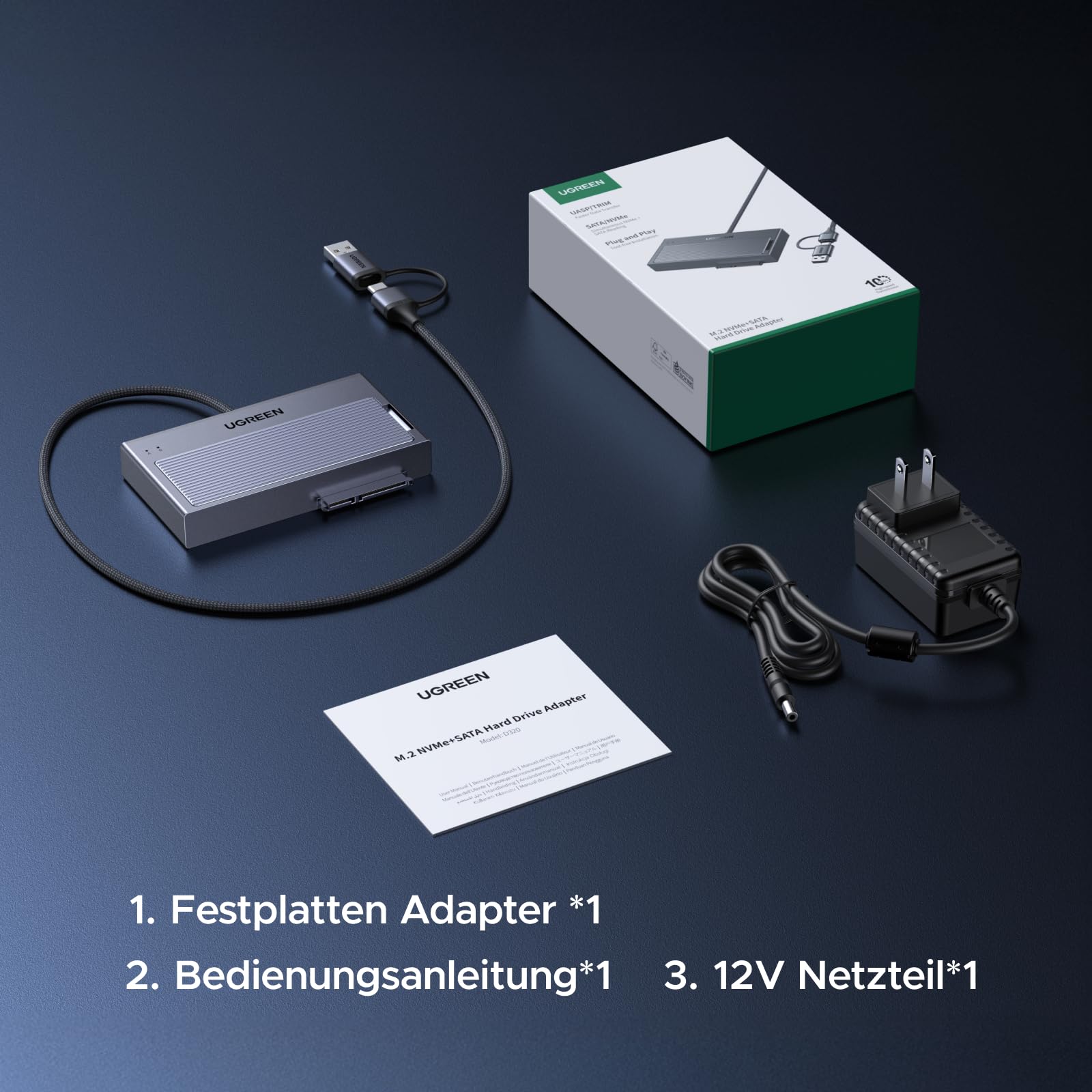UGREEN 2 in 1 M.2 NVMe SATA USB Adapter, 10Gbps Festplatten Adapter für M.2 NVMe SSDs und 2,5/3,5 Zoll SATA HDD & SSD, Festplatten Dockingstation kompatibel mit Windows, MacOS, Linux(Werkzeuglos)