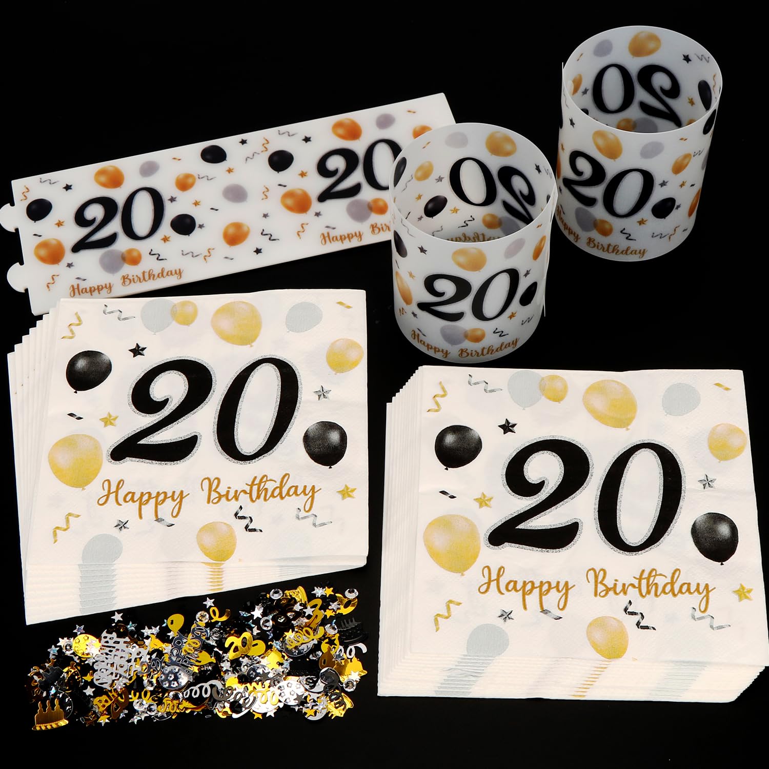 Geburtstag-Deko-Set: 20 Servietten + 10 Windlichter + 300 Konfetti In Schwarz-Gold – Für Tischdekoration
