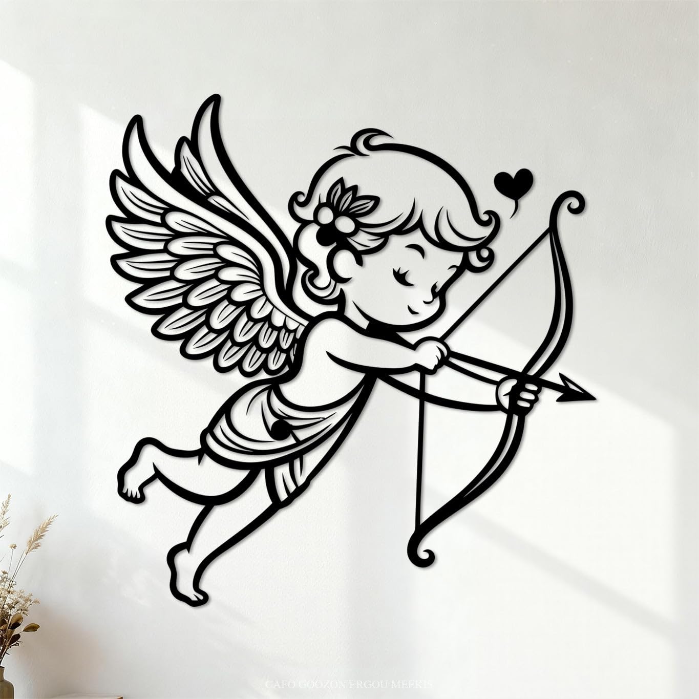 Cupid with Bow and Arrow Ready to Shoot Love line Art Wall Vinyl Sticker Decor 42x43.9cm Removable Without Leaving Glue Black