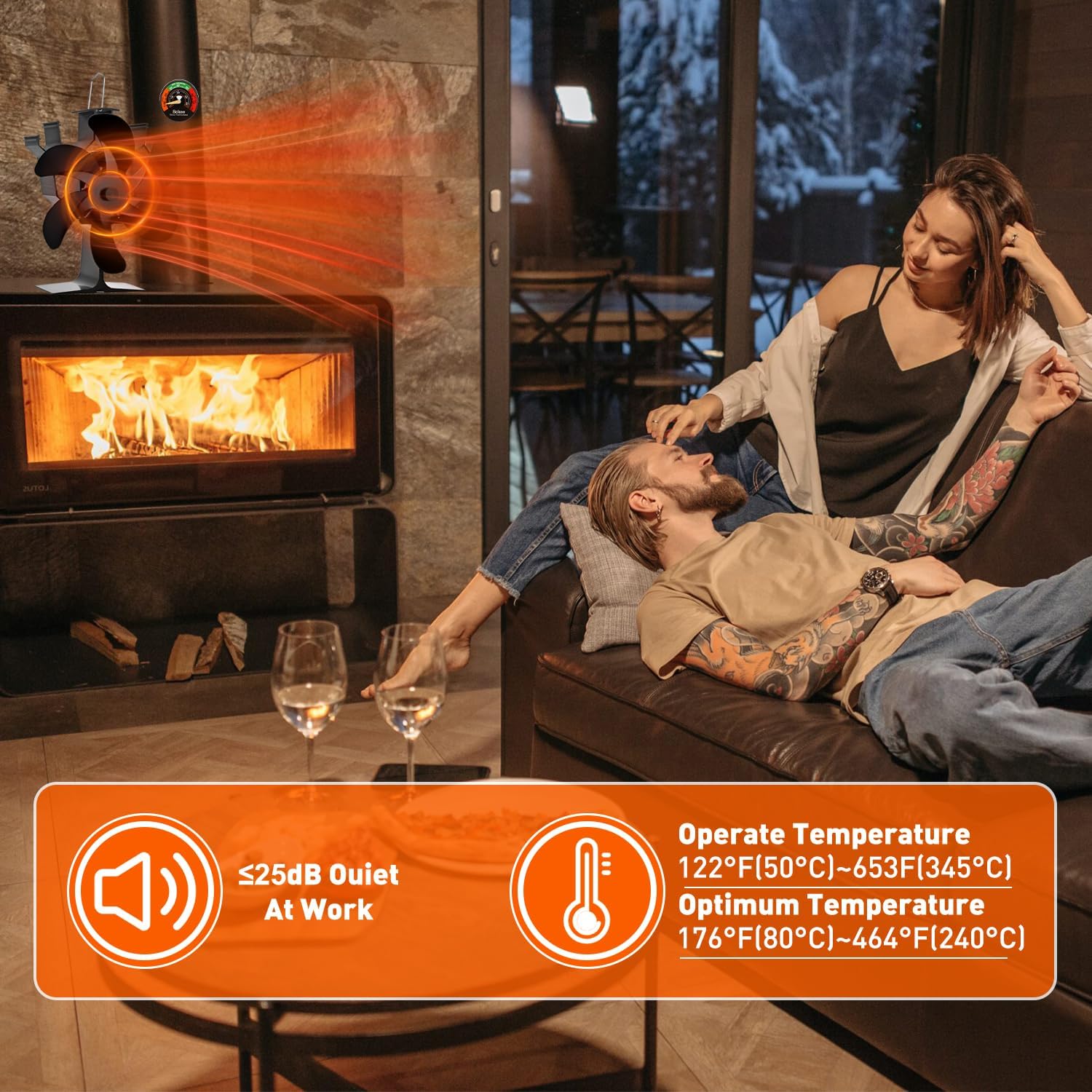 Sckee Wood Stove Fan, Heat Powered Fireplace Fan with Bracket Compatible for Log Burner Wood Burning Stove Accessory for Camping Outdoor Indoor Use (Black)