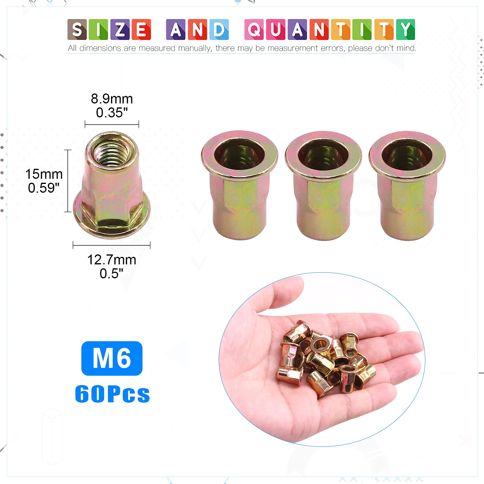 Glarks 60Pcs M6 Half Hex Body Flange Rivet Nuts Zinc Plated Carbon Steel Flat Head Threaded Insert Nut Rivnut Set (M6)