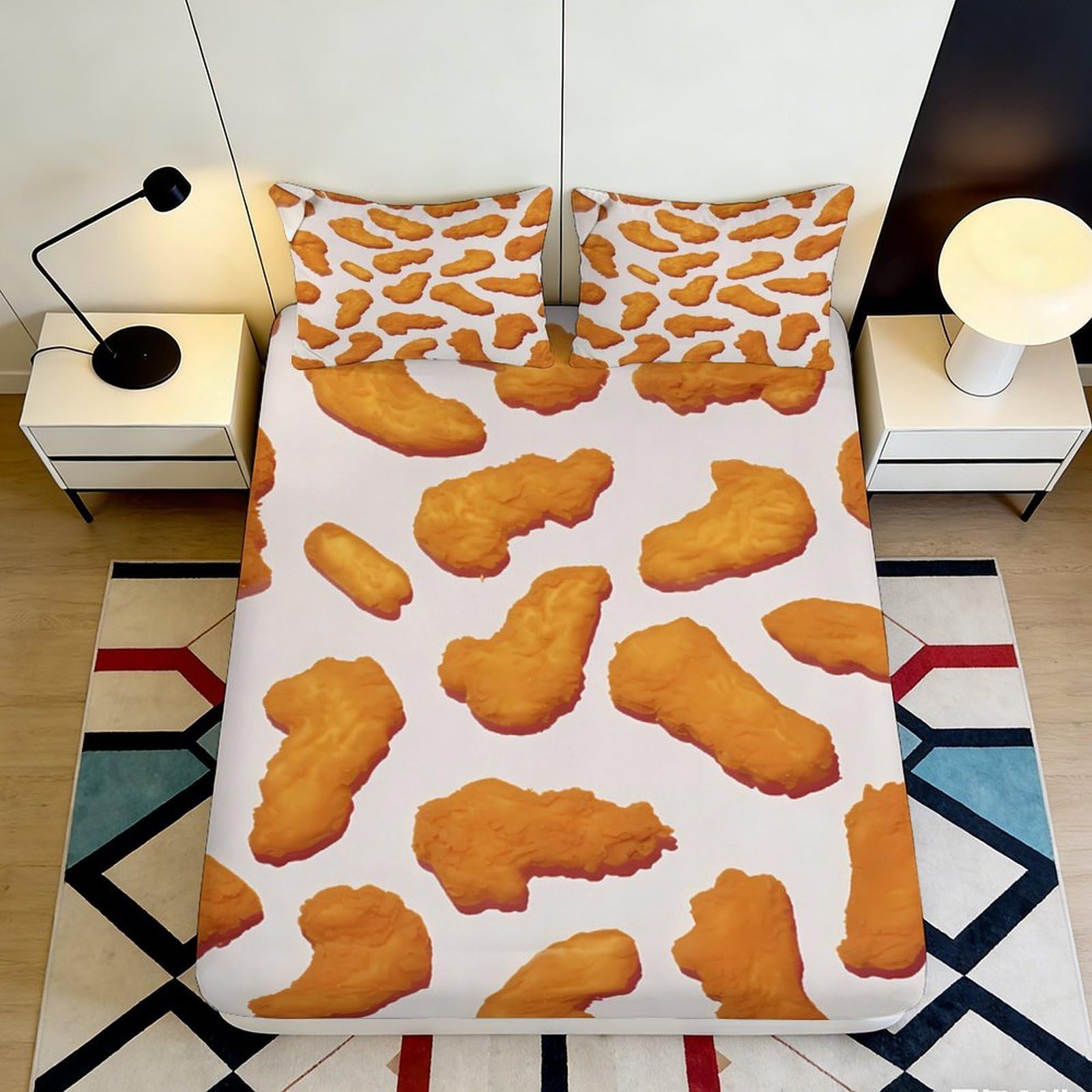 3D Printed Chicken Nugget Fitted Sheet Microfiber Soft Breathable Fried Snack Bed Cover for Bedroom Dorm Decor Mattress Protection 90x200x25cm