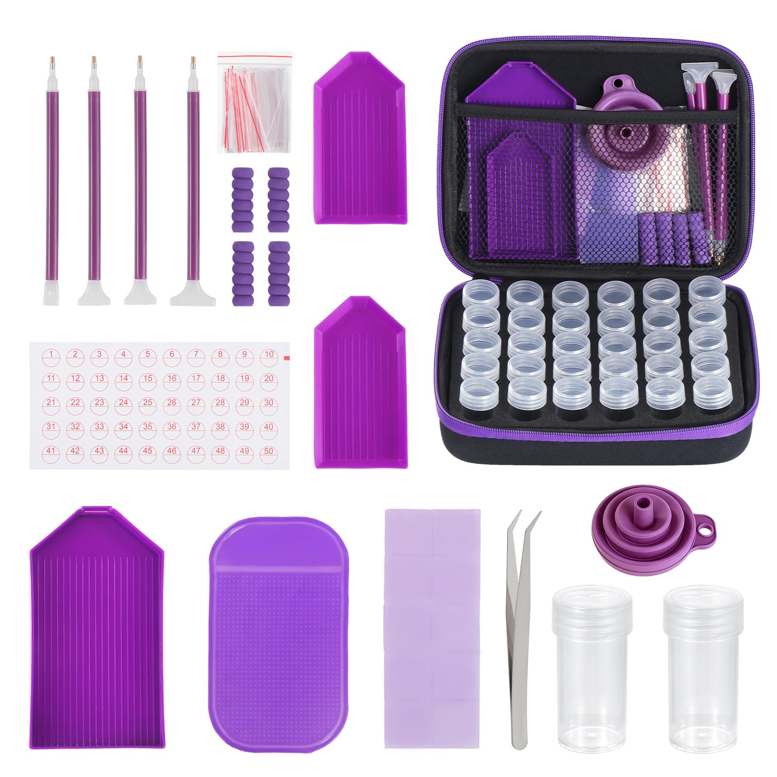 Diamond Painting Zubehör Boxen,30 Slots Diamond Painting Storage Diamond Painting Koffer mit Trichter Stickers für Strass Perlen Nägel DIY Handwerk(Lila)