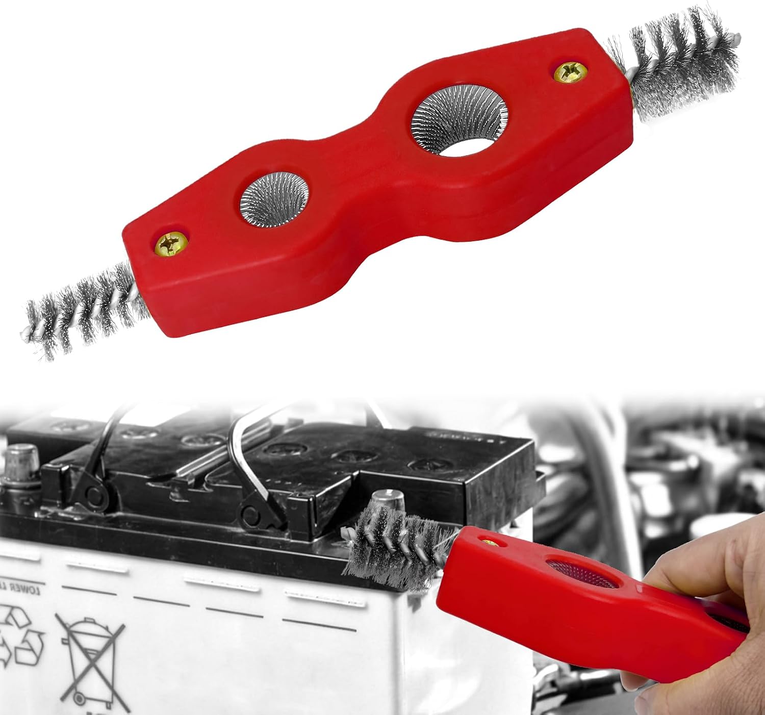 4 in 1 Car Battery Terminal Cleaning Brush, Anti-Rust Cleaner Brush Tool for Automotive Marine, Copper Pipe Brush for Plumbing Soldering Brazing, Universal Car Accessories (Red)