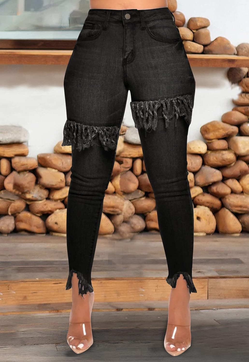 FairBeauty Women's Skinny Stretch Jeans Frayed Raw Hem Slim Fit Jeans Ripped Denim Pants - Image 3