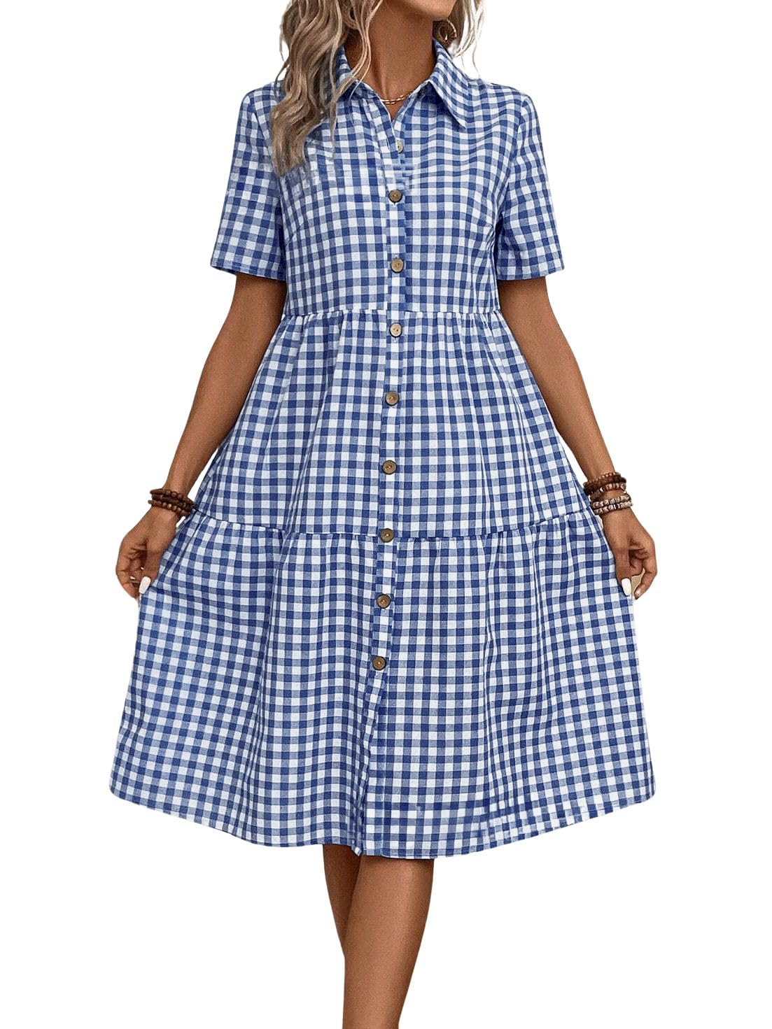 chouyatou Women's Plaid Short Sleeve Button Down Shirt Dress Retro Gingham Button Up Tunic Midi Long Dress