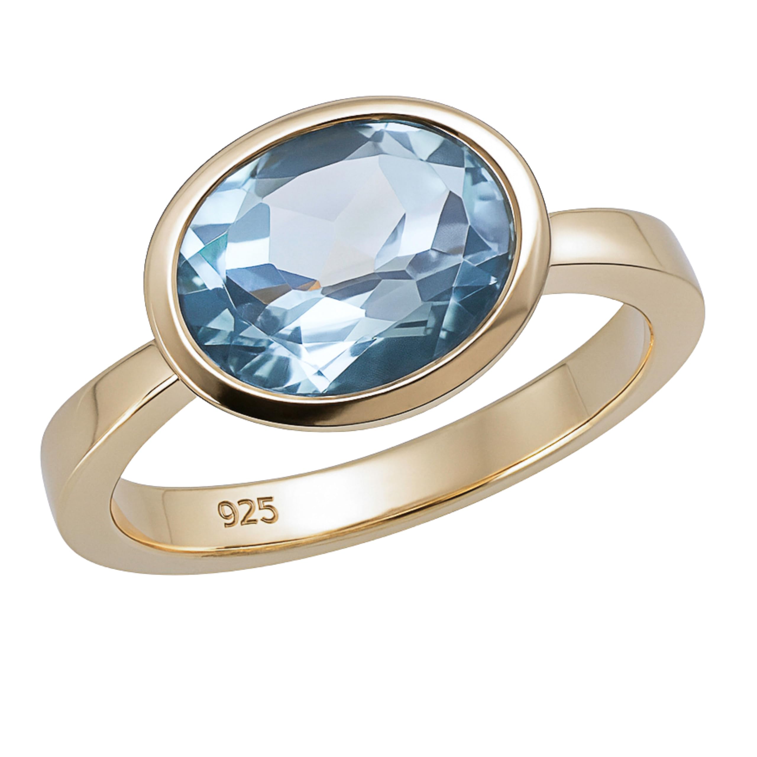 Anillo ovalado de plata de ley con baño de oro y topacio azul