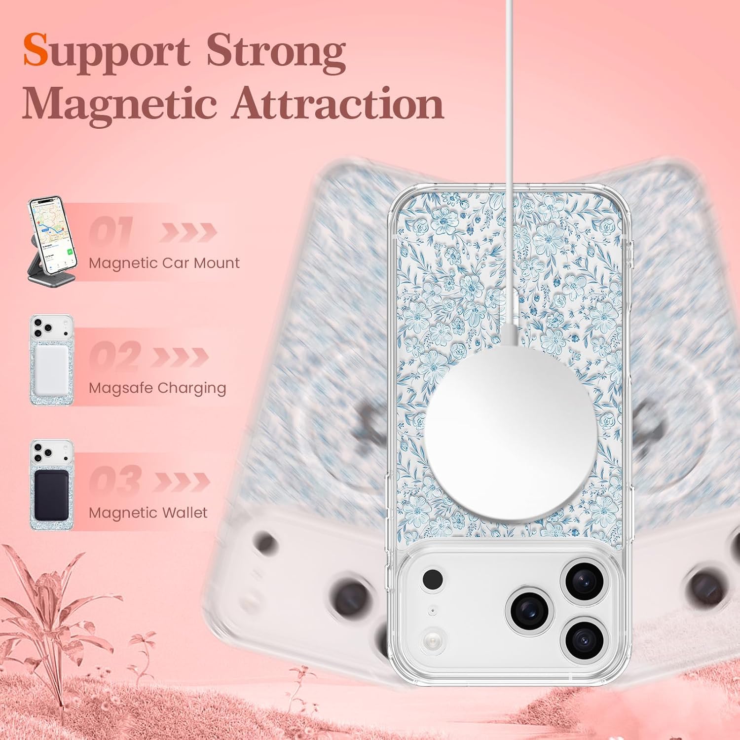 RALEAVO for iPhone 17 Pro Max Case Compatible with MagSafe Clear Floral Pattern Design Cute for Girls Women Slim Magnetic Hard Back Shockproof Phone Case for iPhone 17 Pro Max,Blue Flowers - Image 5