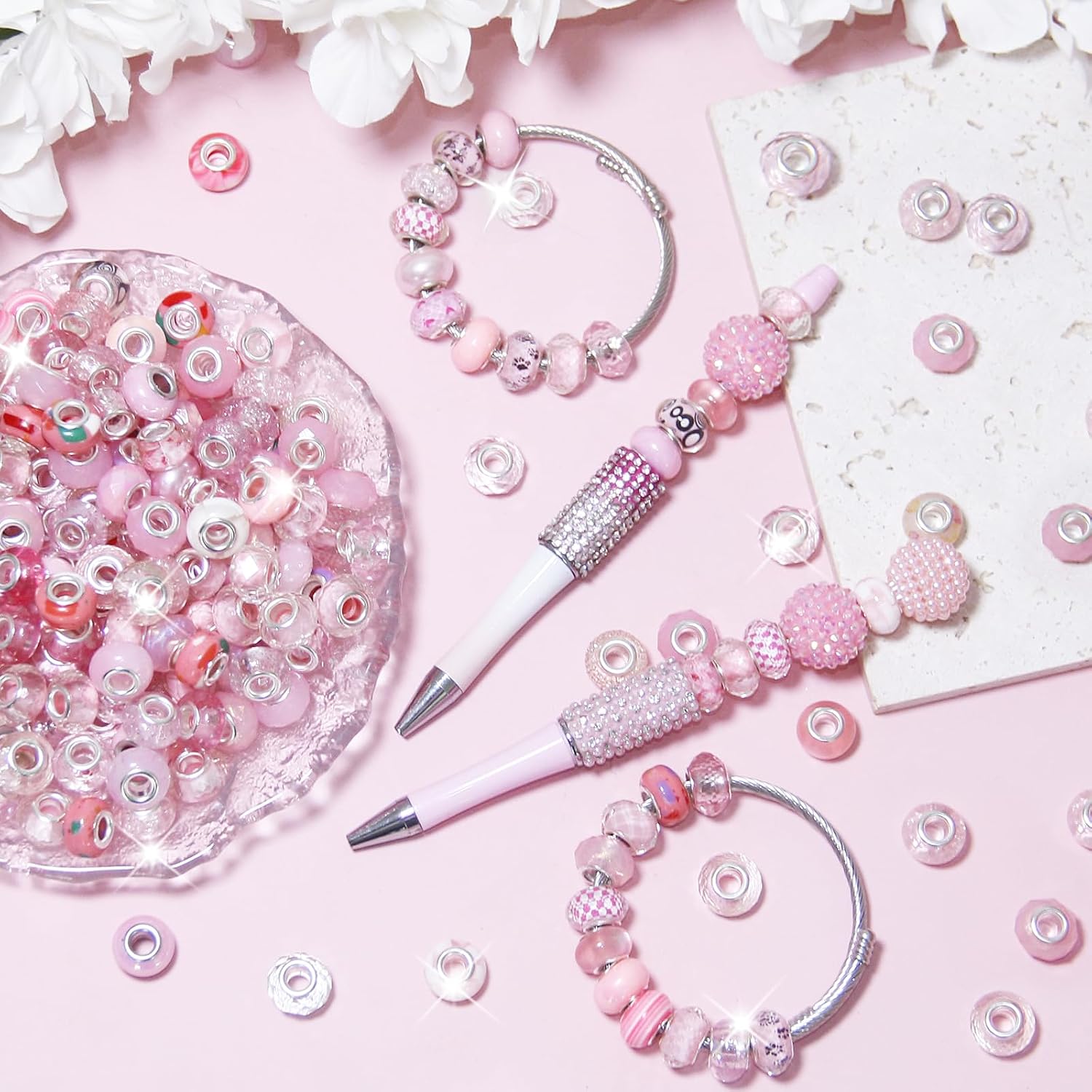 100 Pieces Large Hole Beads, Assorted European Craft Beads Pink Big Hole Fairy Wands Garden Beads Large Hole Lampwork Spacer Beads for DIY Pens Charms Bracelet Necklace Jewelry Making Supplies image 2