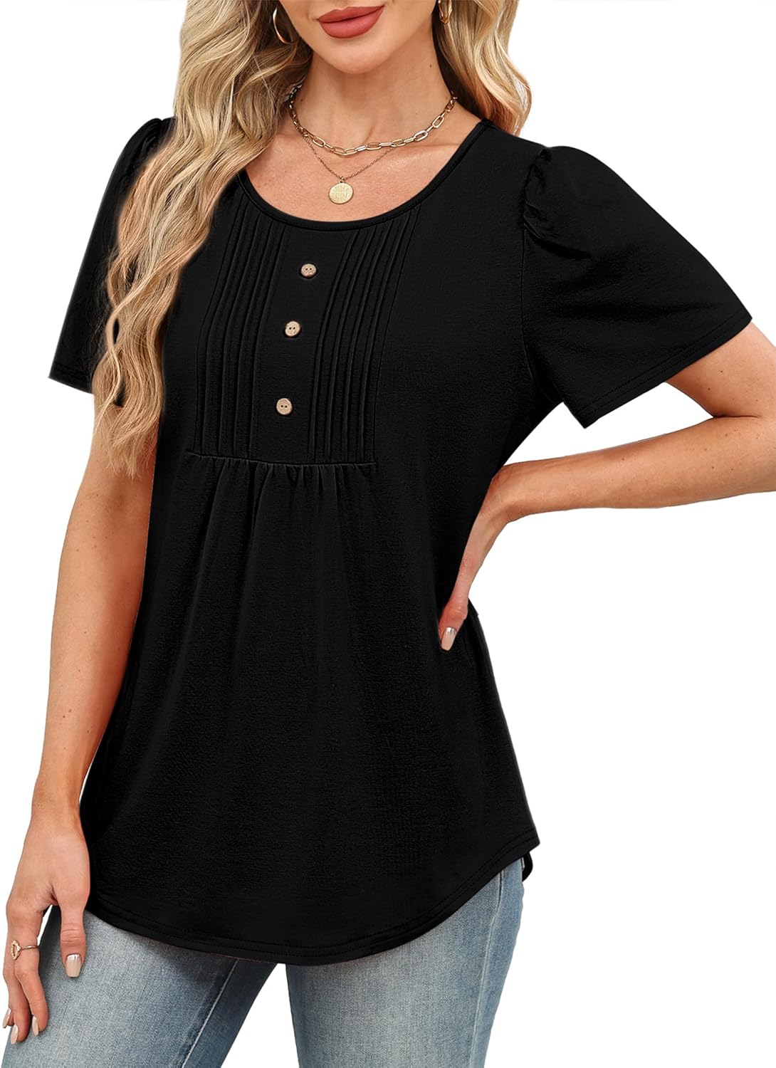 Womens Tops Dressy Casual Blouses Short Sleeve Shirts Plus Size Fashion Clothing Spring Summer Outfits Button Pleated Front - Image 4
