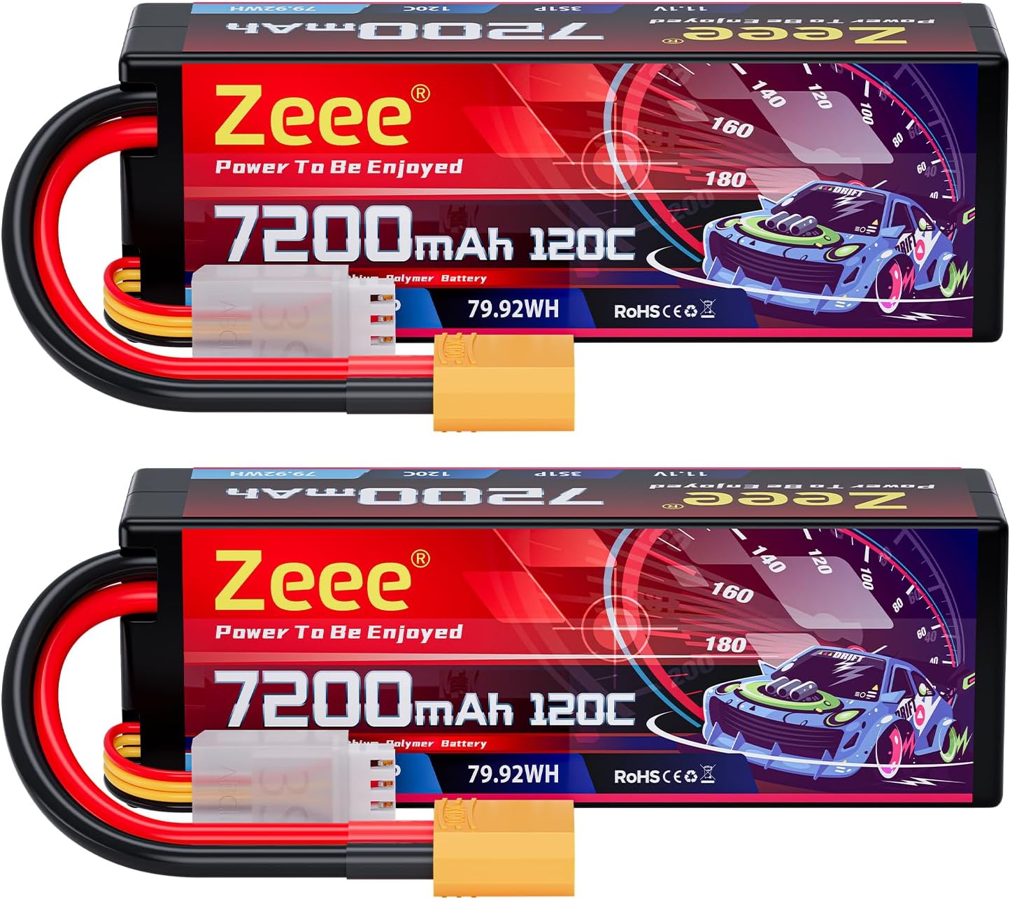 Zeee 3S Lipo Battery 7200mAh 11.1V 120C Hard Case RC Battery with XT90 Connector for 1/8 1/10 Scale Vehicles RC Car Tank Truggy Buggy RC Trucks Boats(2 Pack)