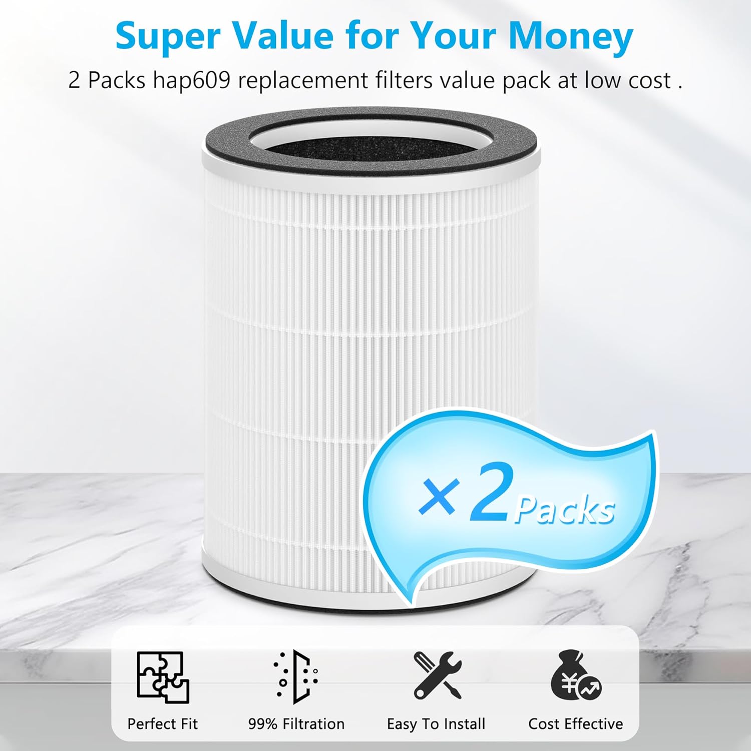 2 Packs HAP609 Replacement Filter Compatible with ECOSELF HAP609 Air Purifi-er for Home Large Room up to 1800 Ft², H13 True HEPA Filter