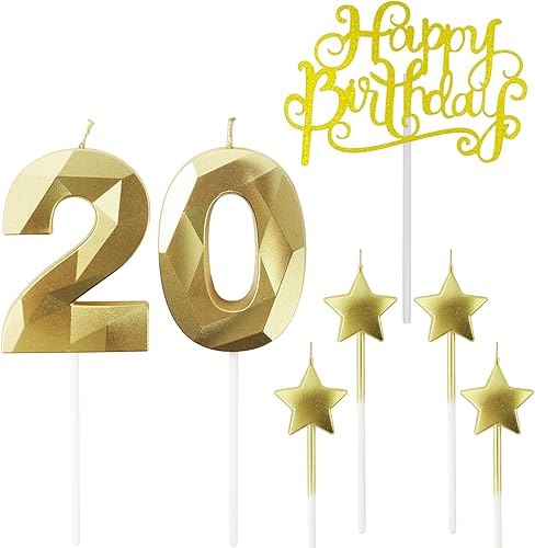 Velas de cumpleaños doradas con número 20 y velas de estrella de cumpleaños de 7 cm Velas para pastel de cumpleaños en forma de diamante 3D son