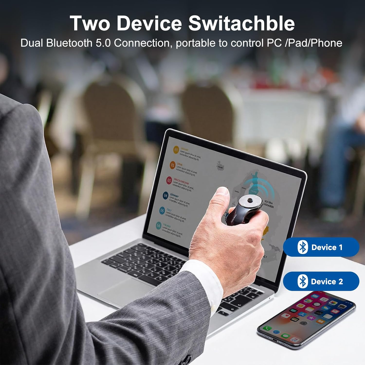SANWA 2 in 1 Finger Ring Mouse, 2 Device Switch, Wireless Presentation Clicker, Portable Mini Wearable Mouse, Rechargeable Handheld Remote Mice, 800 DPI, Compatible for PC, Laptop, Mac, Tablet