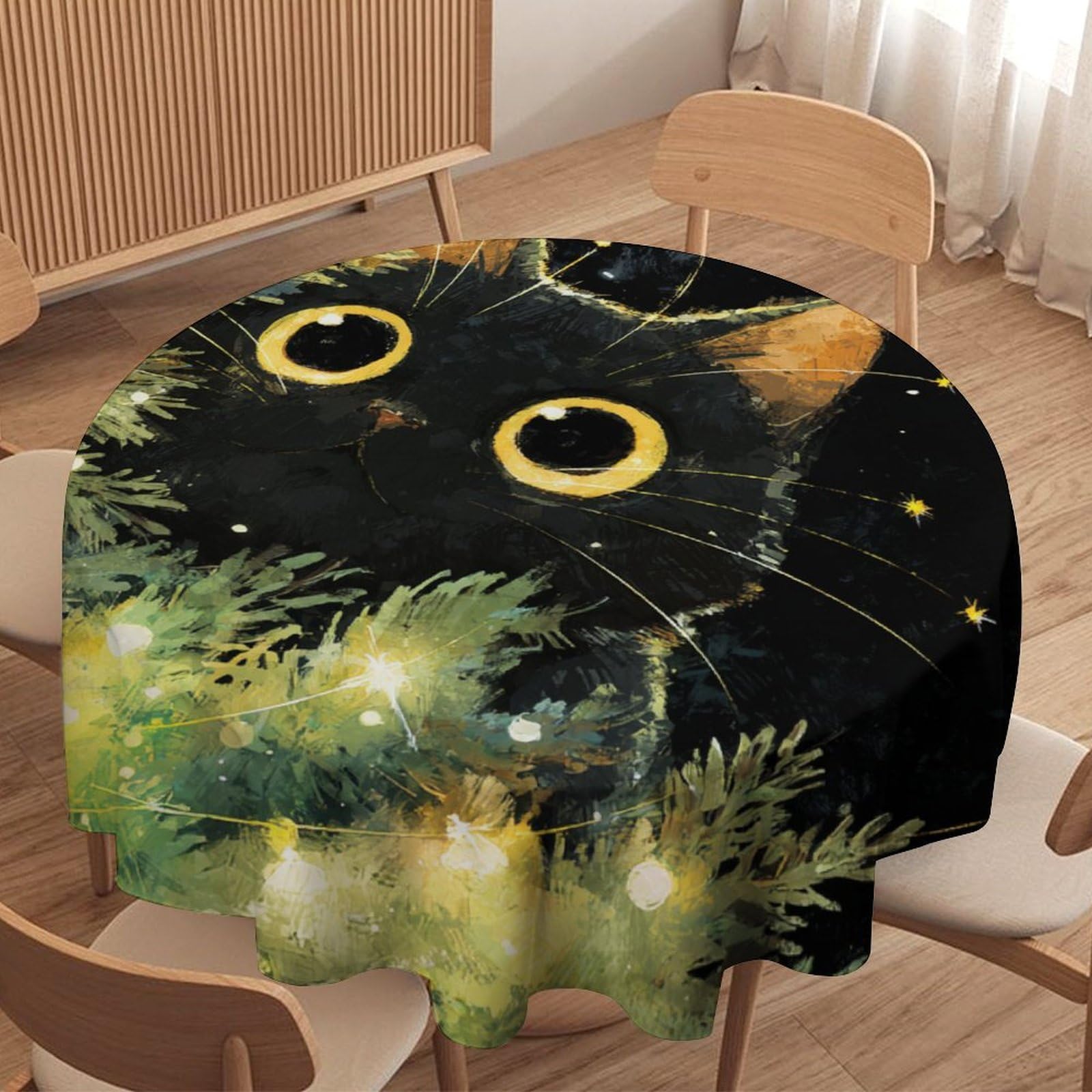 LUYYSKY Funny Classic Black Cat Round Tablecloth Rustic Cartoon Merry Christmas Tree Japanese Animal Kitten Washable Decor for Table Cover for Kitchen-152.4" Wx152.4 L cm