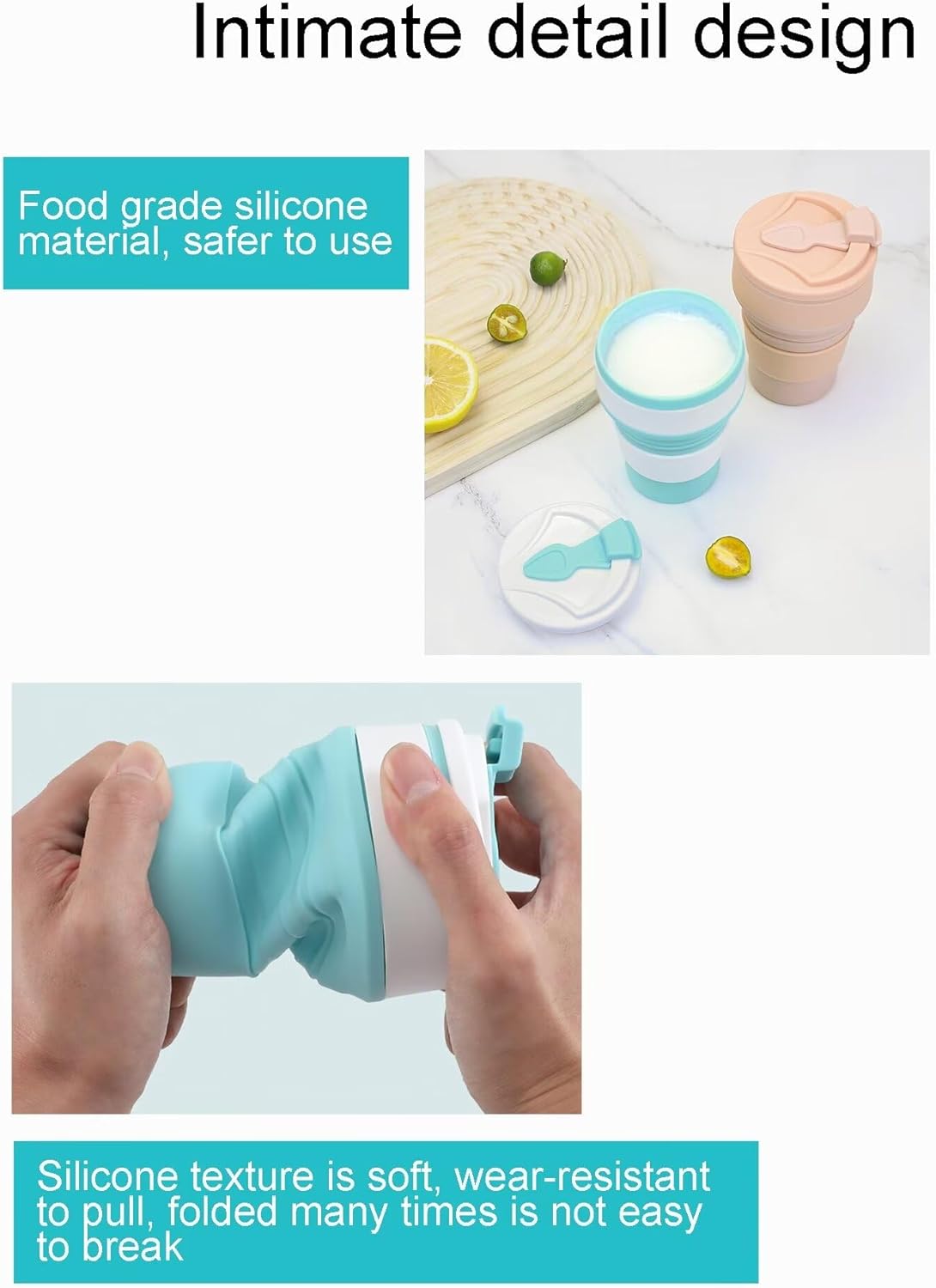 Collapsible Cup for Traveling and Camping with Lid Reusable Portable Coffee Mug Hot and Cold Drinks Leakproof Eco friendly Silicone Lightweight (Large 16oz/500ml, Blue)