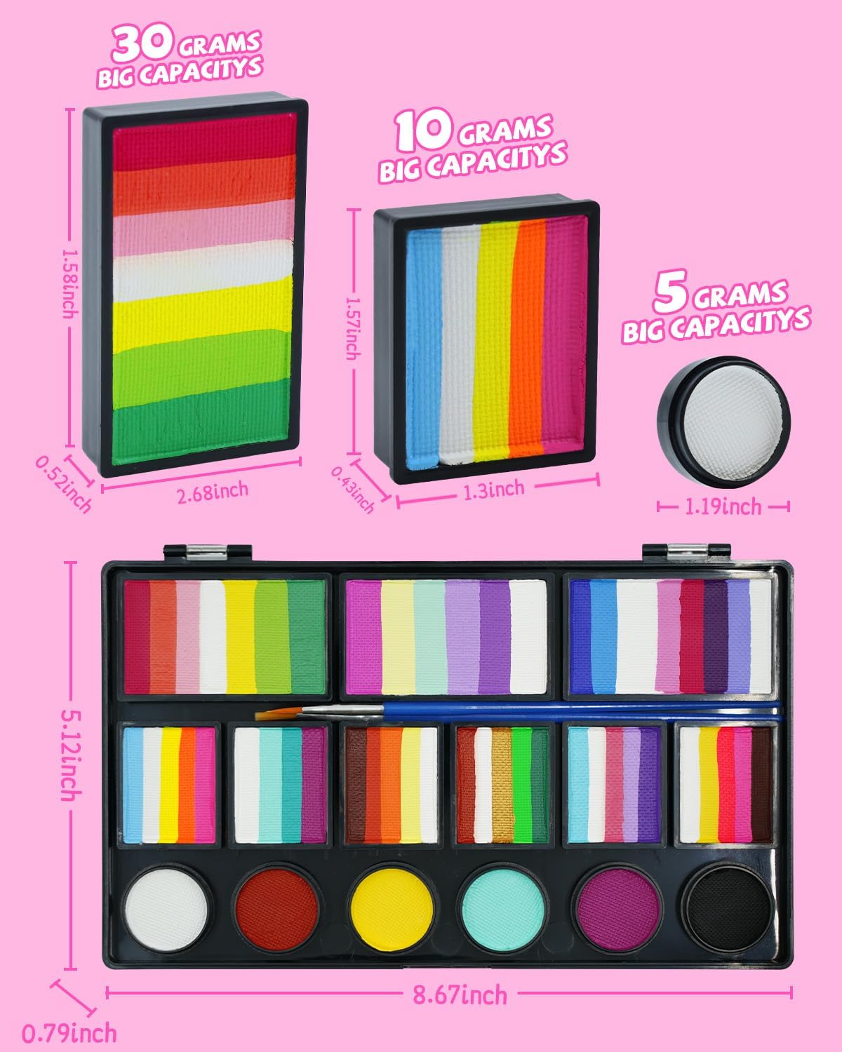 Anka Bella Professional Water Activated Face Paint,Non Toxic Face Painting Kit for Kids & Adults,include Rainbow Cake, One Stroke Split Cake and Solid Color Face Paint Palette,Washable and Reusable