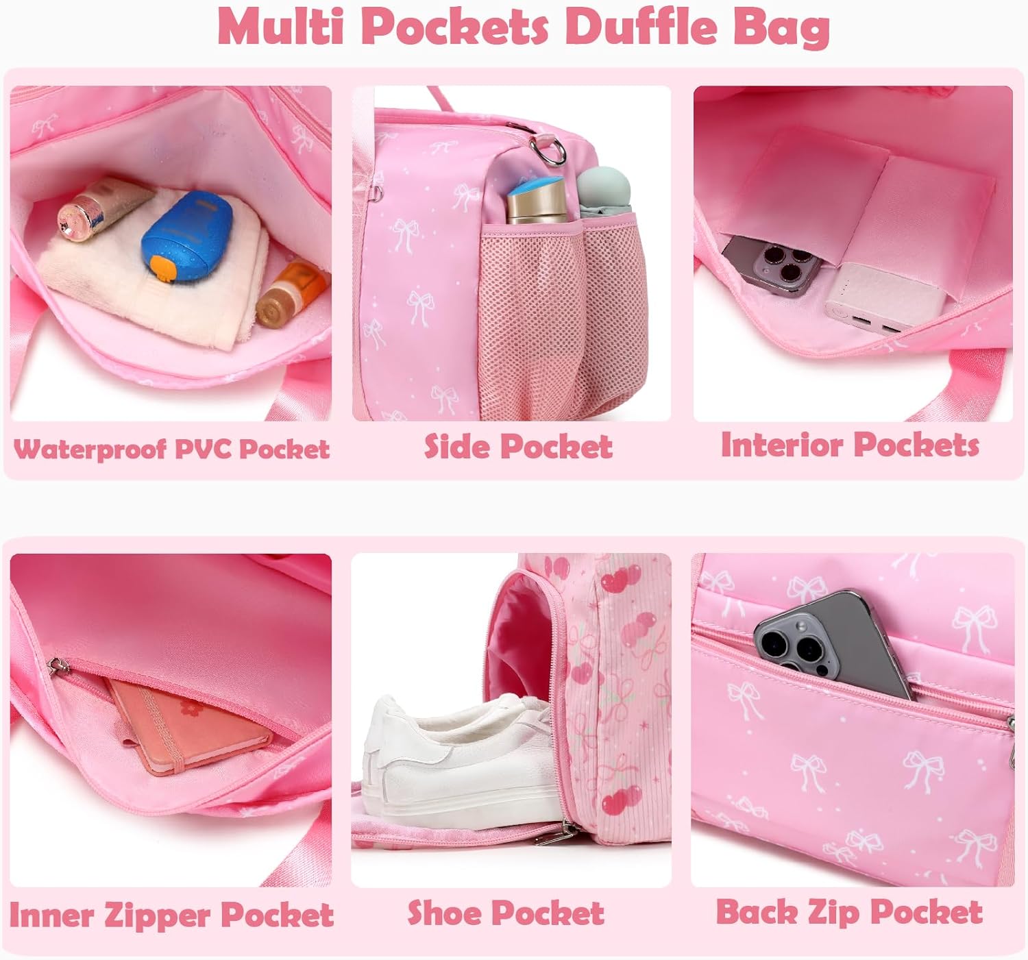 Girls Bow Duffle Bag, Pink Girls Women Dance Sports Gym Ballet Bag with Wet & Shoe Compartments for Travel Overnight Sleepover Weekender Carry On with Trolley Sleeve - Image 3