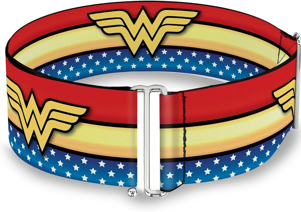 Buckle-Down DC Comics Belt, Cinch Belt Wonder Woman Logo Stripe Stars Red Gold Blue White, 3.0 Inch Wide, Adjustable