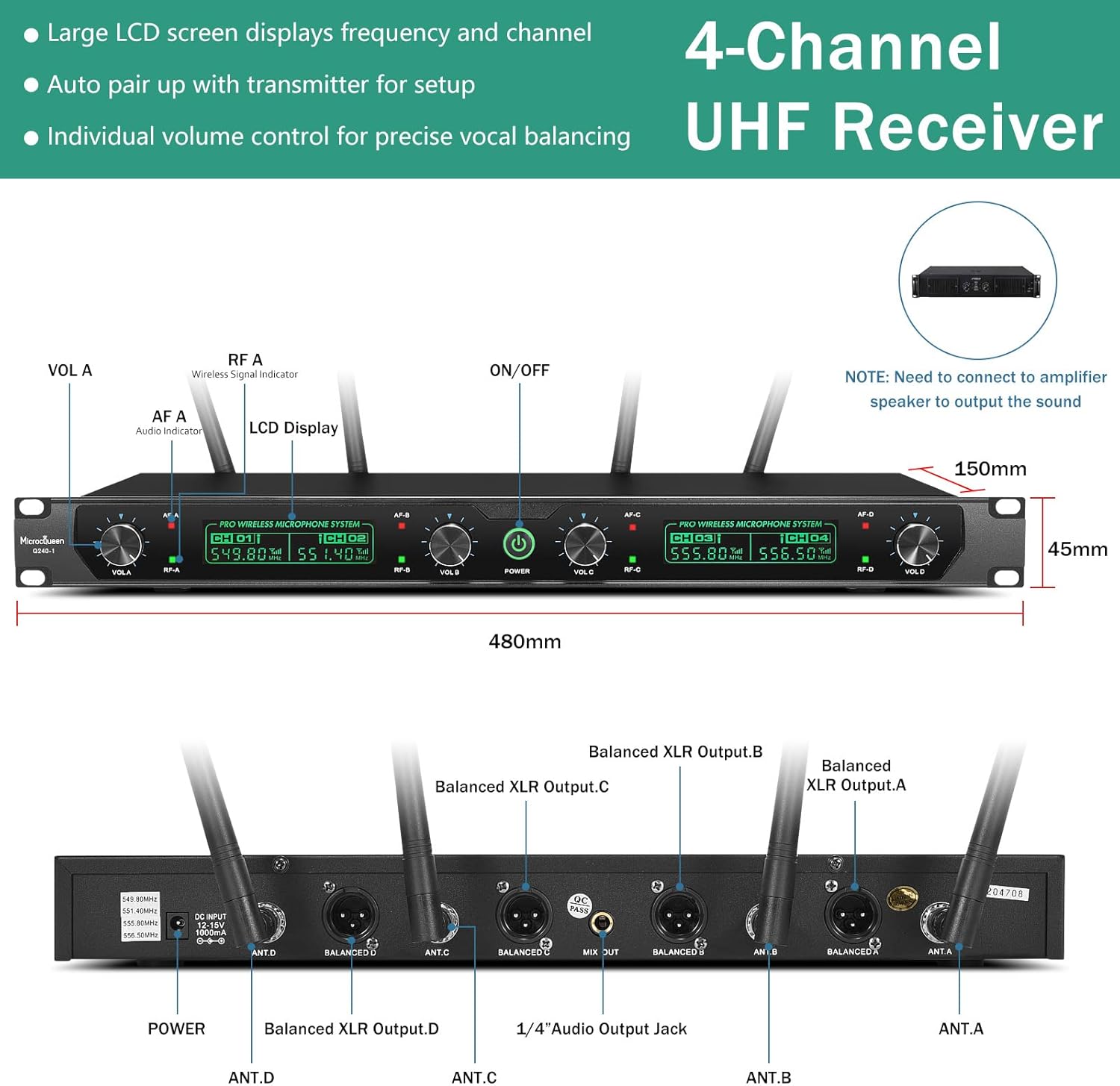 Wireless Microphone System, 4-Channel UHF Professional Mic, Automatically Pair Metal Cordless Mic with 4 Metal Handheld Microphones, 400ft Range, for Singing, Karaoke, Party - Image 5