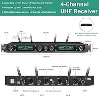 Vista 5 de Sistema de Micrófono Inalámbrico, Micrófono Profesional UHF de 4 Canales, Empareja Automáticamente Micrófono Inalámbrico de Metal con 4 Micrófonos
