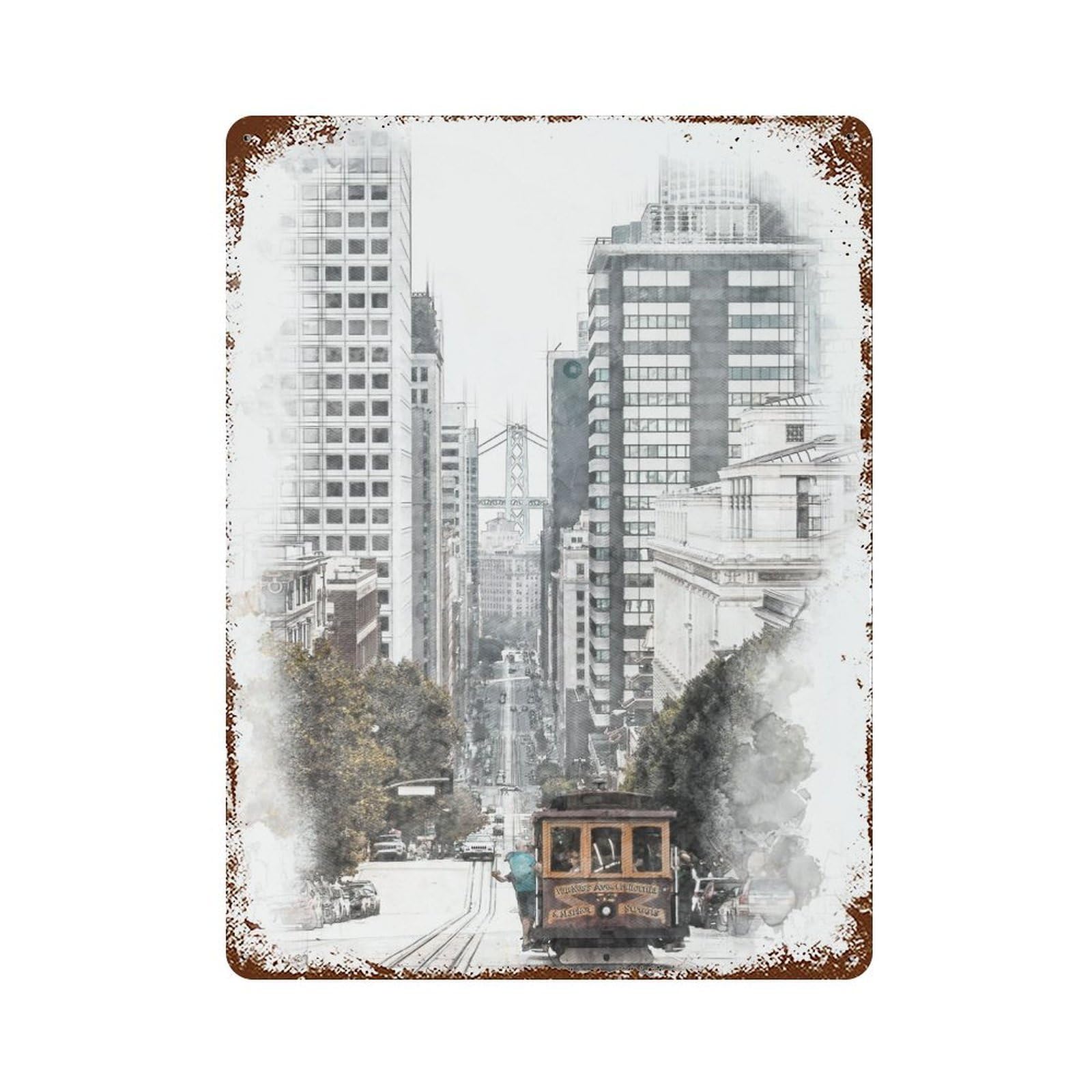 San Francisco Cable Car Rusty Metal Tin Sign 15.7"x11.8", Industrial Home Decor for Garage, Pub Or Kitchen