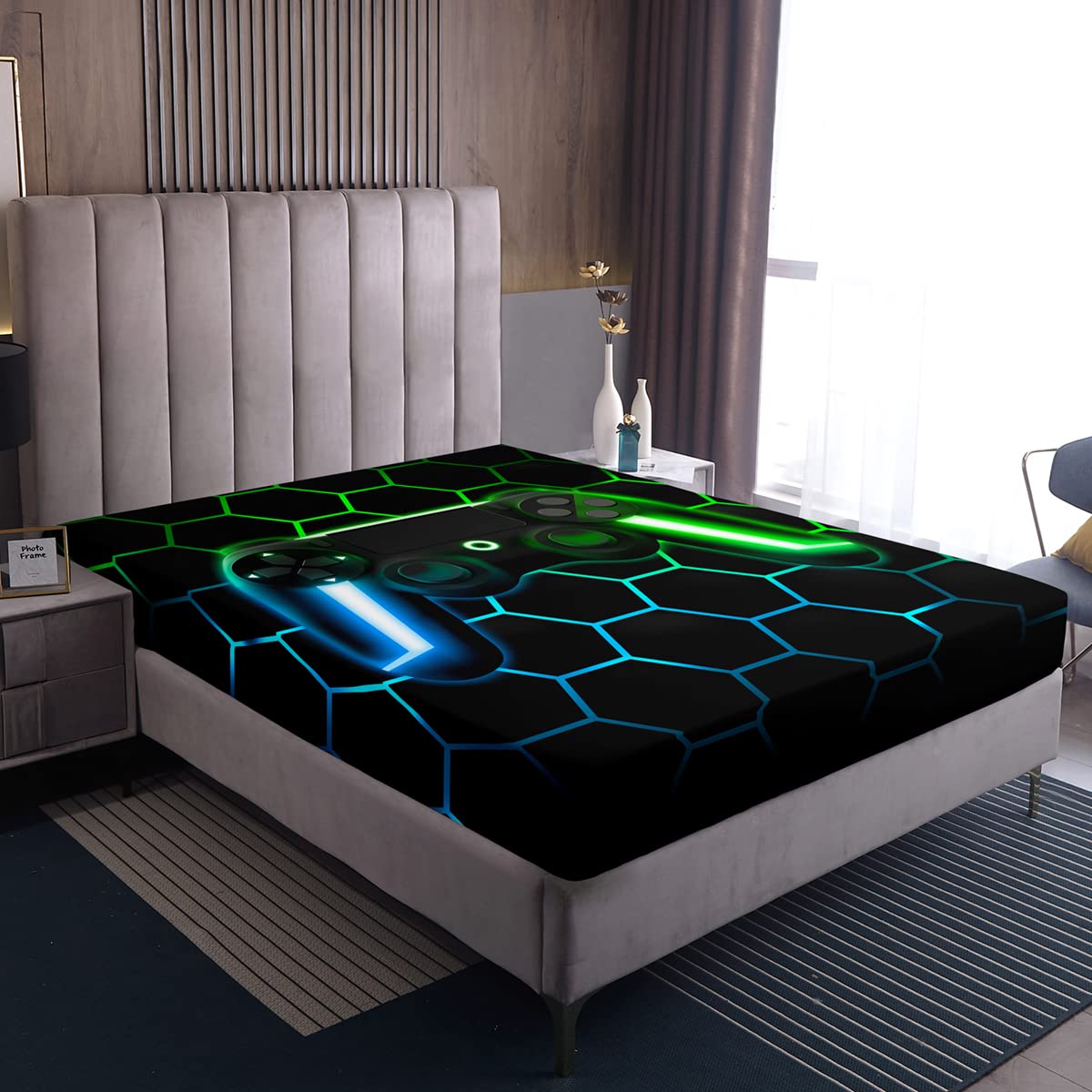 Gaming Bettwäsche für Jungen Teenager Game Contoller Bettwäsche Set für Kinder 90 x 200 x 30 cm glitzerndes Gamepad Bettwäsche aus glitzerndes geometrisches Bienenwaben Bettwäsche Gamer Heimdekor