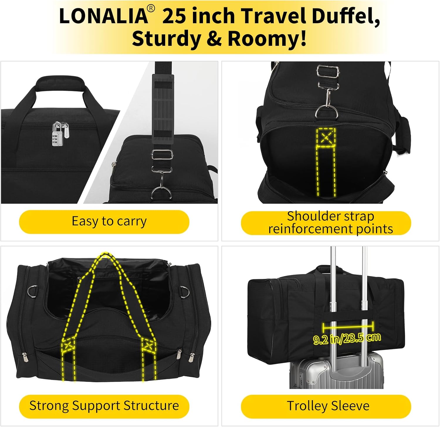 25 in Large Travel Duffel Bag for Men - 56L Roomy Weekender Bag with Trolley Sleeve (Black) - Image 3