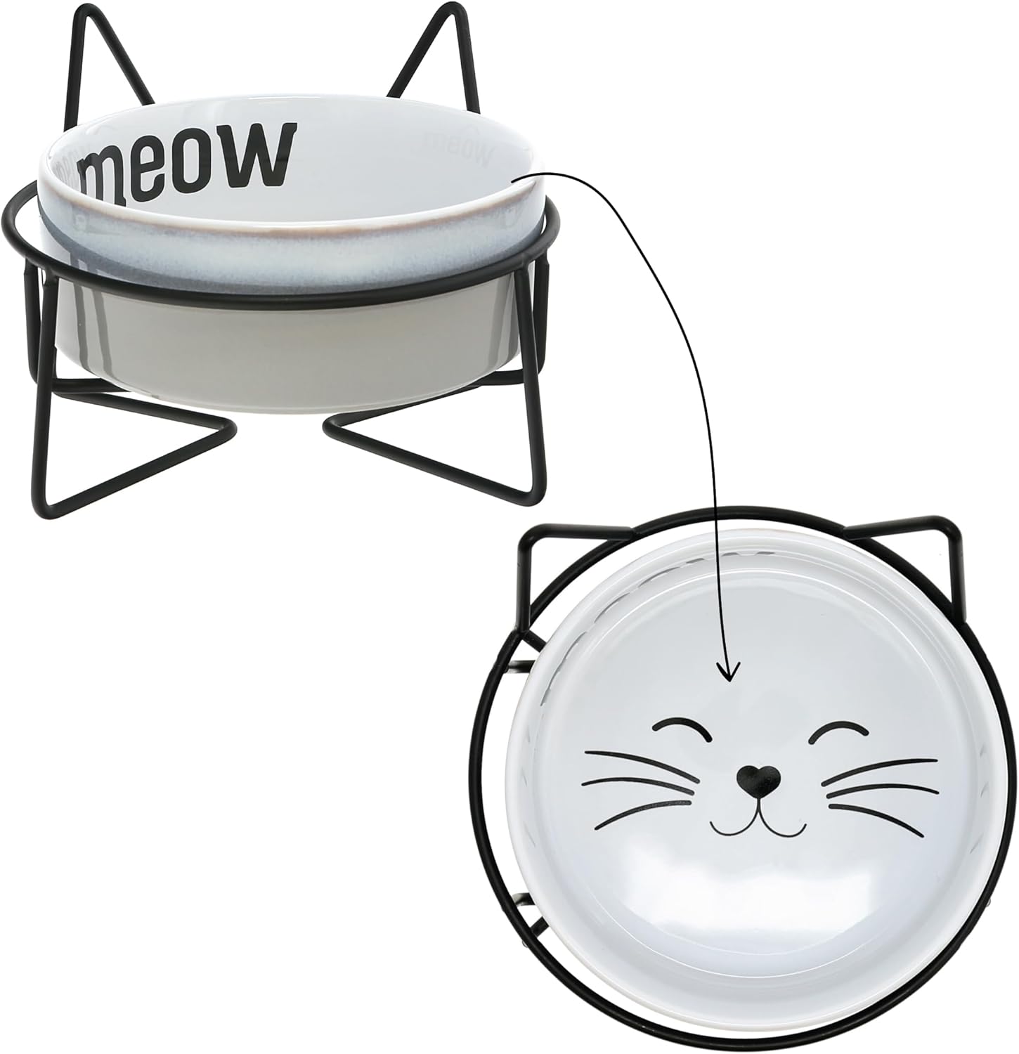 Pavilion Gift Company - Meow - Kitty Cat Kitten Feline 13 oz Food Water Meal Time Ceramic Stoneware Dish Bowl With Metal Iron Stand Pet Accessories Whisker Friendly Indoor Outdoor Easy To Clean