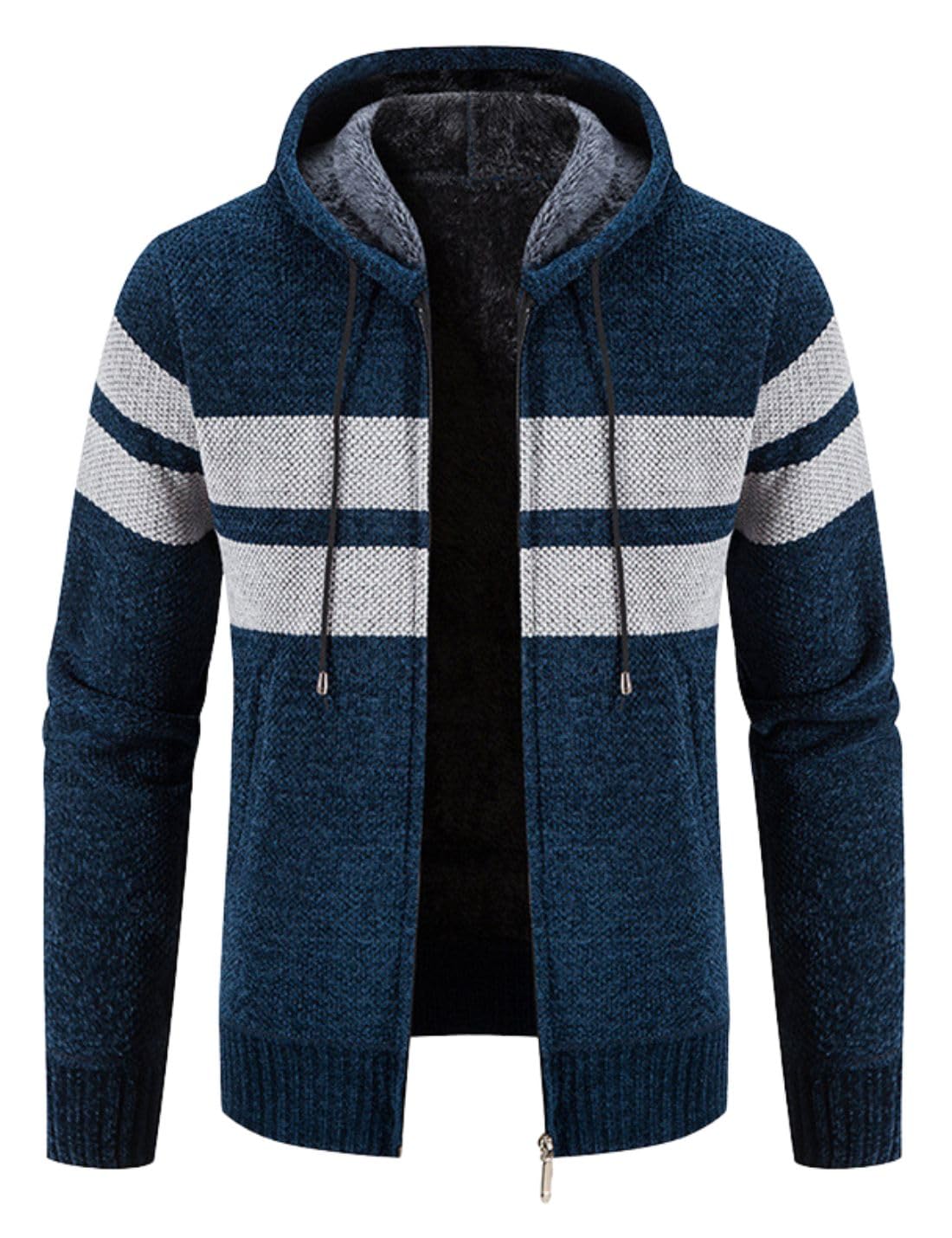 Kinkia Men's Zip Up Hooded Fleece Cardigan Sweater Winter Warm Sherpa Lined Jacket Coat Hoodies with Pockets