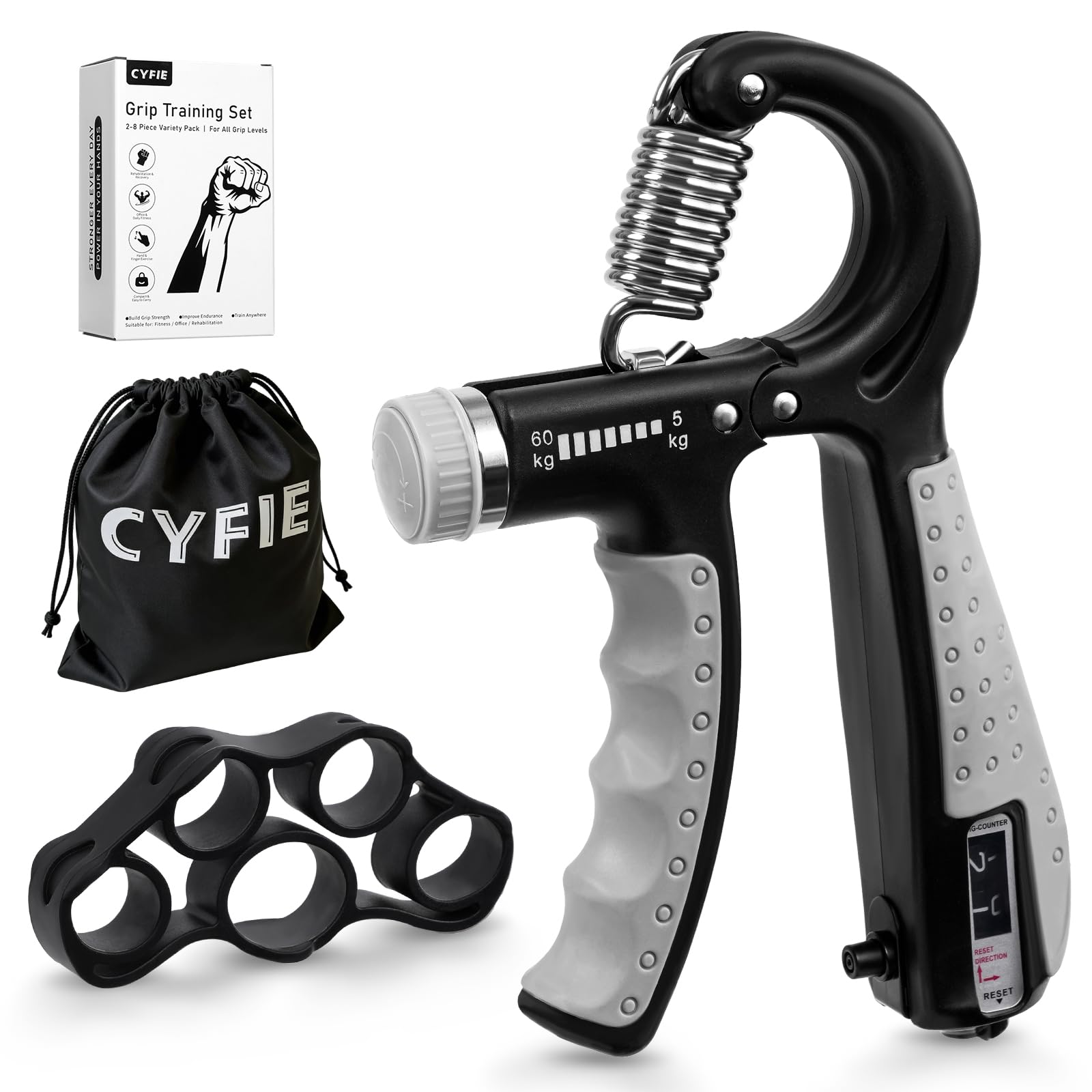 CYFIE Hand Grip Strengthener Workout Kit - 3 Pack with Adjustable Resistance Forearm Strengthener(10-132 Lbs), Finger Stretcher, Stress Relief Ball for Workout and Recovery(Black)