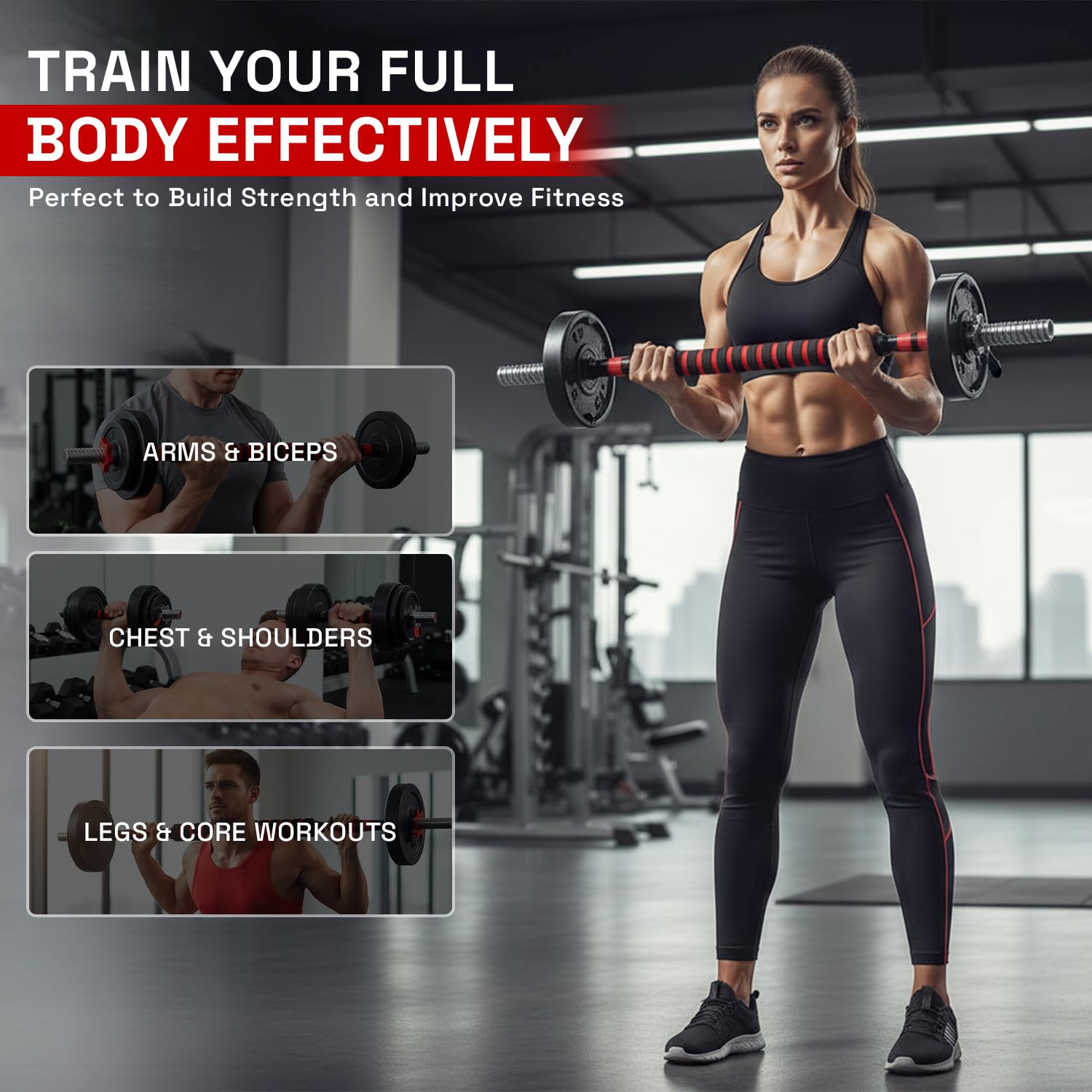 MAXSTRENGTH Zestaw Regulowanych Hantli i Sztangi Winylowych 10–40 kg – Trening Siłowy w Domu – Wymienne Obciążenia z Prętami i Zaciskami Bezpieczeństwa