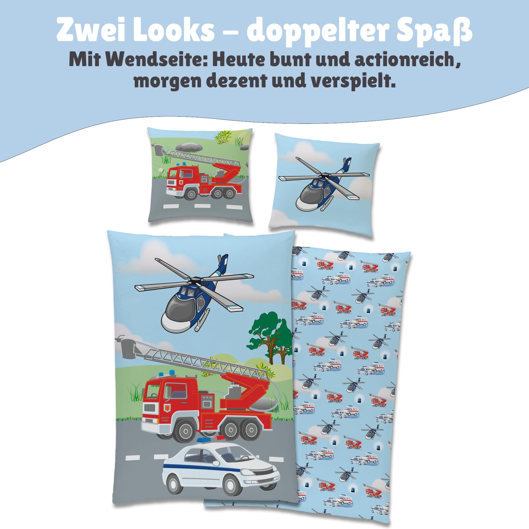 Familando – Polizei & Feuerwehr Bettwäsche-Set (2-teilig) – Decken- & Kissenbezug 135x200 cm & 80x80 cm mit Reißverschluss – 100% Baumwolle – Wendemotiv – Hautfreundlich & atmungsaktiv - Öko-TEX