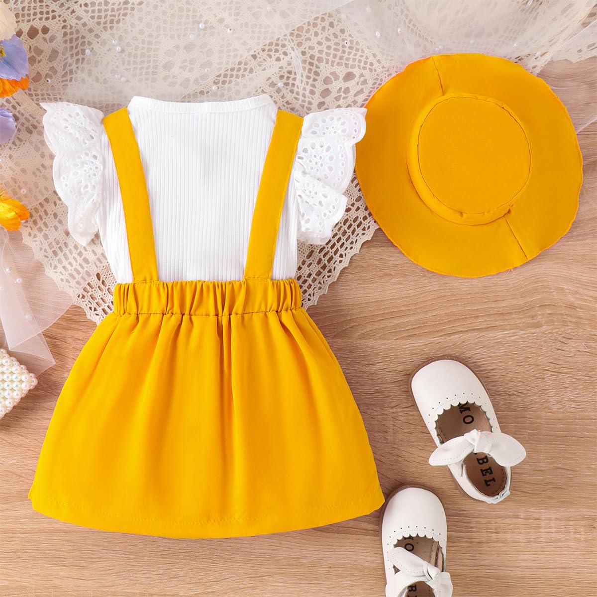 Kleinkind Baby Mädchen Rüschen Hosenschlitz Kurzarm Geripptes Oberteil + Schleife Strapsrock Overall Kleid + Mütze Kleidungsset Outfits