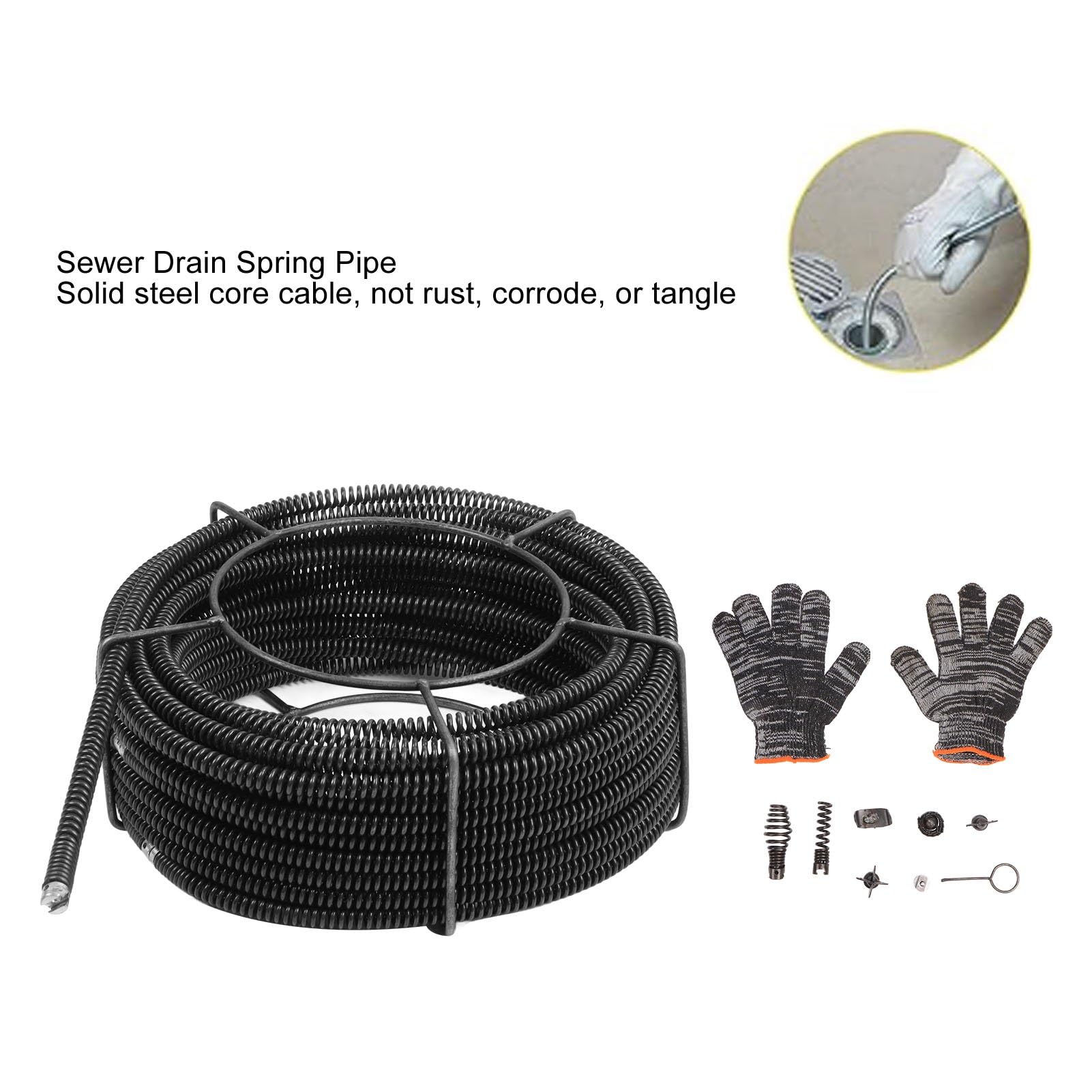Tissting Cable De Desatascador De Tuberías De 30 Metros 9.5mm - Para Limpieza De Desagües De Fregadero, Ducha Y Alcantarillado Con Accesorios Incluidos