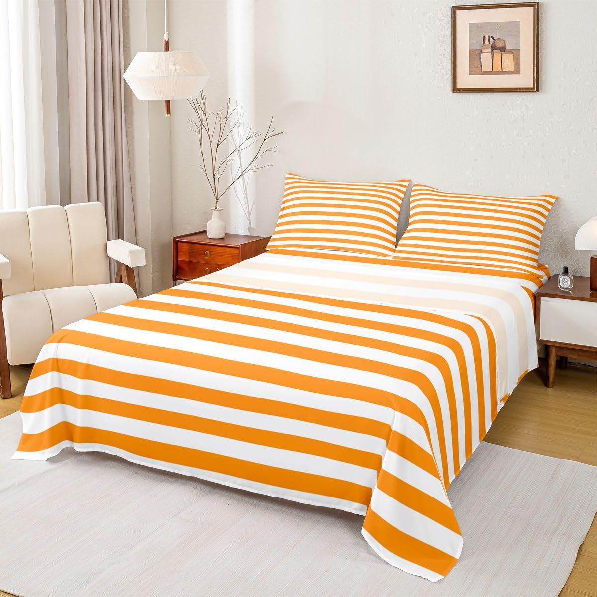 Manfei Orange-weiß gestreiftes Kinder-Bettlaken, volle Größe, gestreift, Retro, abstrakt, ästhetisches Bettwäsche-Set, modern, geometrisch, minimalistisch, Kinderzimmer-Dekor, schlichtes klassisches