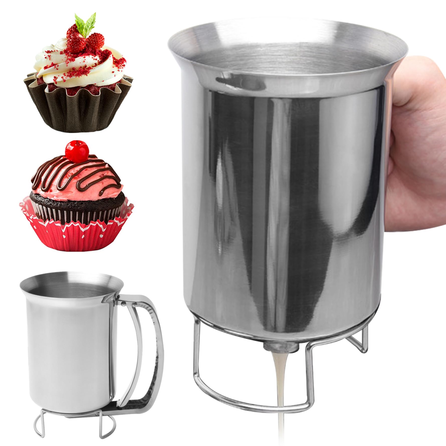 Batter Dispenser with Squeeze Handle Food Grade Leakproof Pancake Mix Dispenser with Stand Large Capacity Stainless Steel Batter Dispenser.