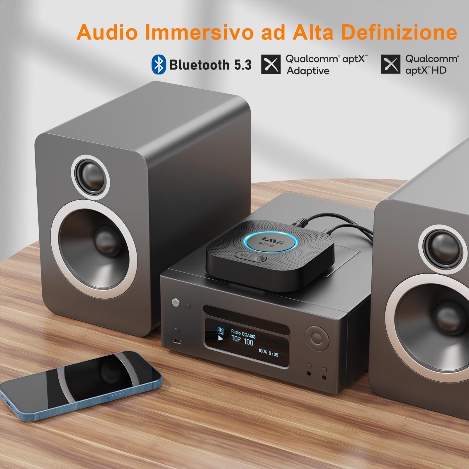 1Mii Ricevitore Bluetooth 5.3, Adattatore Audio Bluetooth HiFi con Jack AUX 3,5mm e RCA, 3D Surround e aptX HD, Wireless per Amplificatore, Stereo Casa, Lungo Raggio 50m
