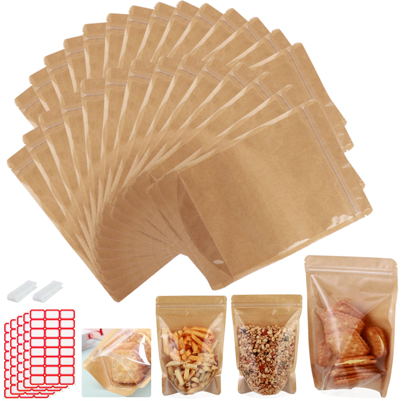 150-pack 7” x 10” Stand Up Kraft Paper Mylar Bags with Clear Window 1 Quart Resealable Foil Pouches for Food Storage Smell Proof Edible Packaging for