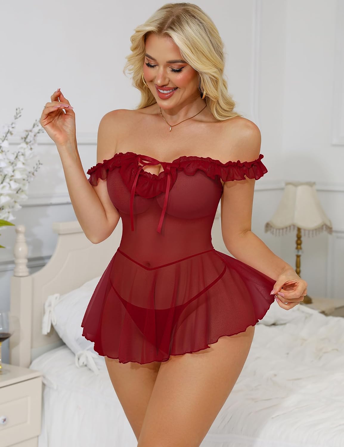 Mixxmix Women's Lingerie Set Off Shoulder Sleeve Babydoll Dress See Through Ruffle Mesh Sheer Top Sexy Nightgowns with Thong