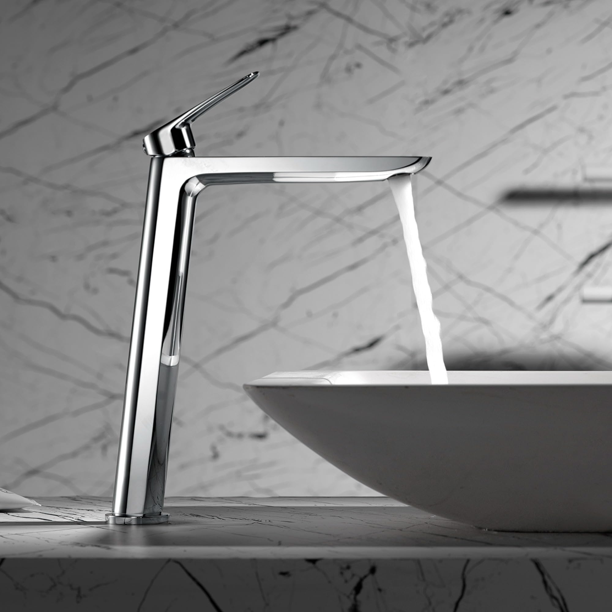 IMEX - Grifo Lavabo Cromado Caño Alto | Grifo Baño Mezclador Agua Fria y Caliente | Grifería Monomando Efeto Cascada con Caño de Latón y Ahorro de Agua | Serie Bélgica | Color Cromado