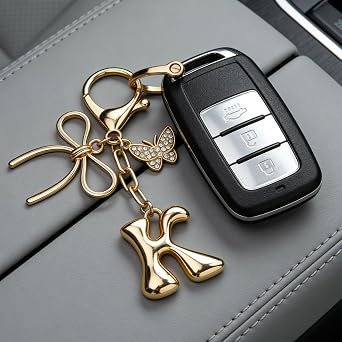 Bubble Initial Keychain with Bow & Butterfly - Gold Letter Bag Charms for Women, Cute Purse Handbag Accessories