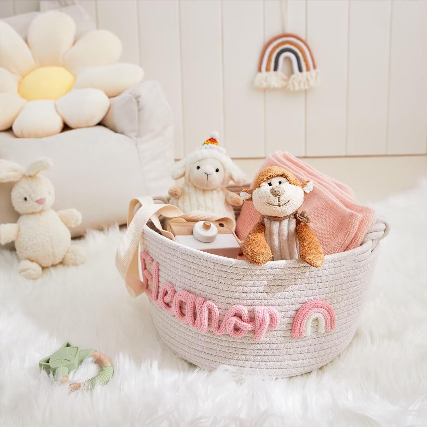 Personalized Baby Name Basket - Personalized Baby Gift Basket, Custom Woven Basket with Cotton, Storage Basket Bin for Kids' Bedroom, Birthday Gift