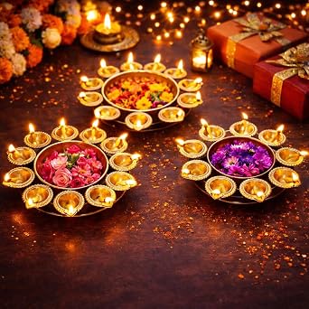 Decorative Urli Bowl for Flower Decoration - Diya Shape Urli Bowl - Designer Urli Pot Home Decor - Traditional Uruli Bowl - Set of 3 - 14, 12, 10 inch, Gold, Iron Hashcart
