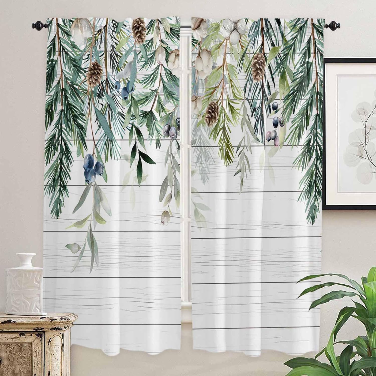 Green Christmas Window Curtains 72 Inch Long 2 Panel Set, Rod Pocket Long Curtains & Drapes, Weeping Berry Pine Cones Wooden Light Filtering Window Treatment for Bedroom Living Room 52"W x 72"L