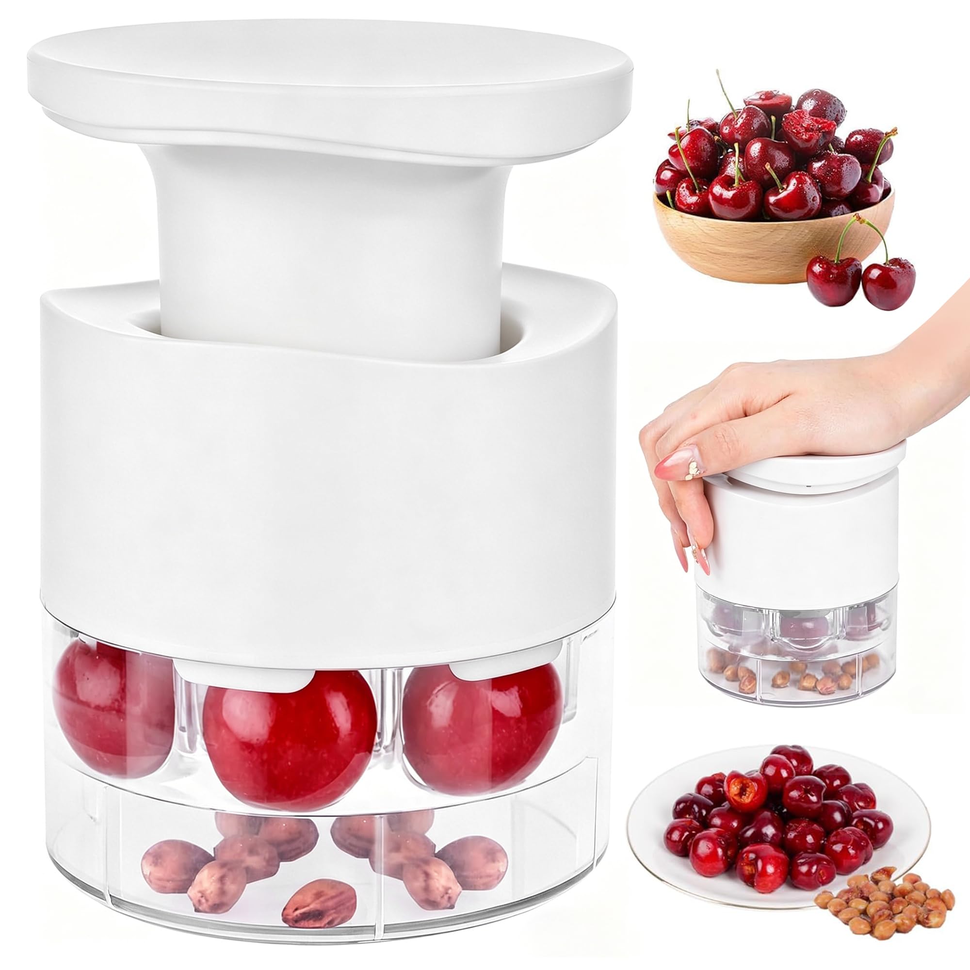 Cherry Pitter, 7 Holes Multiple Cherry Stoner Remover, Cherry Pip Remover Quick Release, Portable Cherry Pitter Tool for Kitchen Cherry Jam, Fruit Salad, Cake (White)