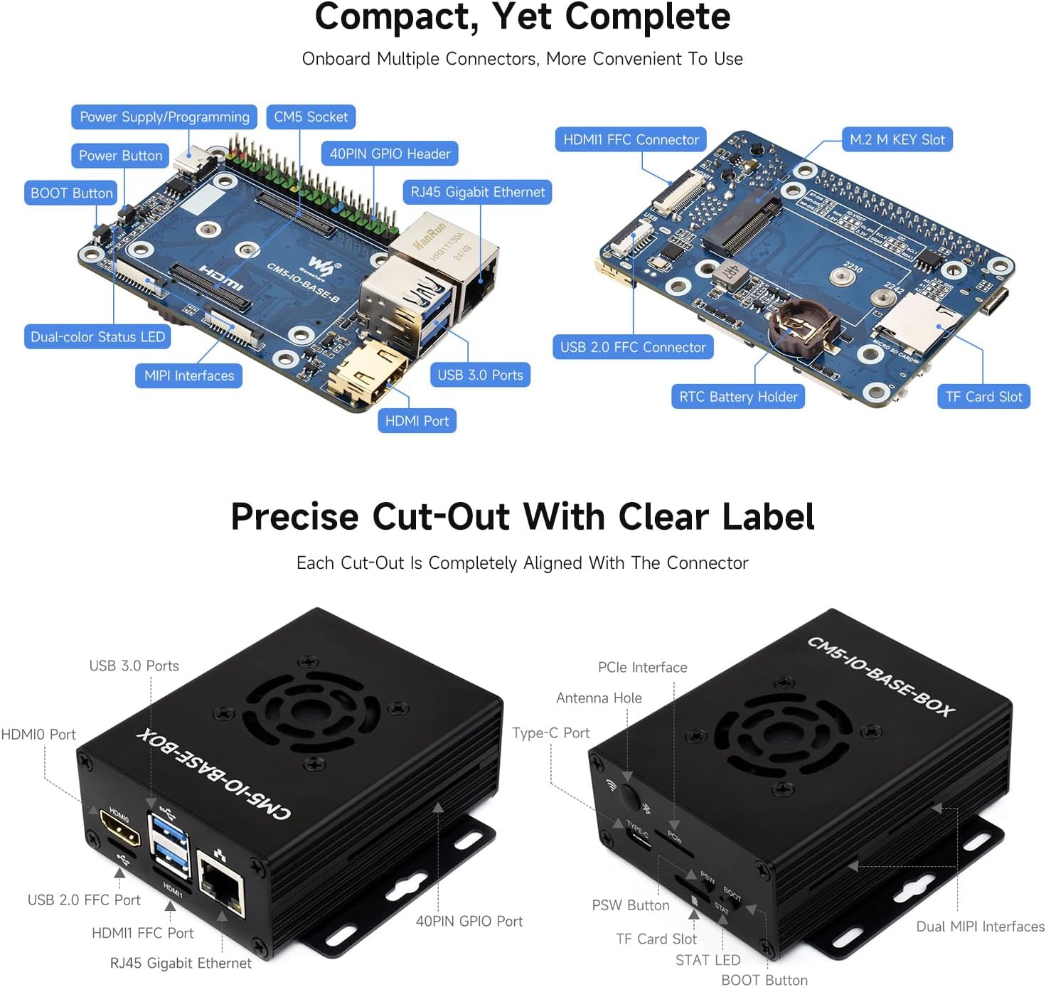 waveshare Mini Base Board, Mini-WaComputer Designed for Raspberry Pi Compute Module 5 (NOT Included), Onboard EEPROM and Encryption Chip, Including Metal Case and Power Supply