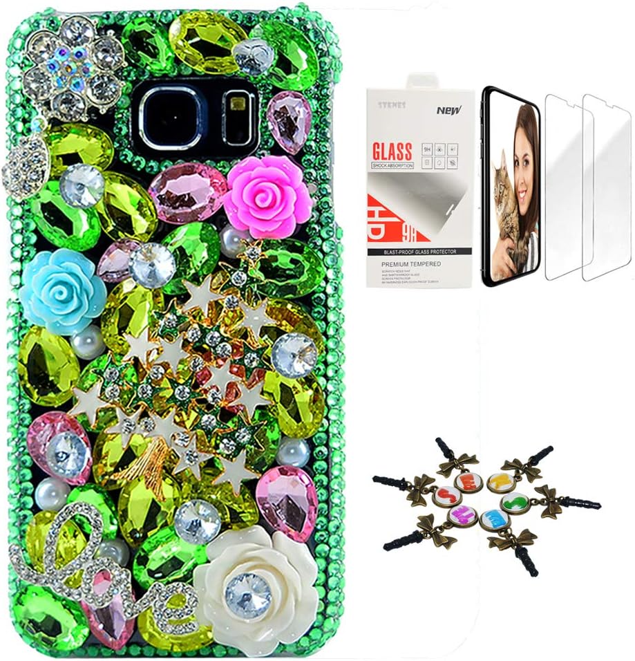 STENES Galaxy S10 Case - STYLISH - 3D Handmade [Sparkle Series] Bling Christmas Stars Tree Flowers LOVE Design Cover Compatible with Samsung Galaxy S10 6.1 Inch with Screen Protector [2 Pack] - Green