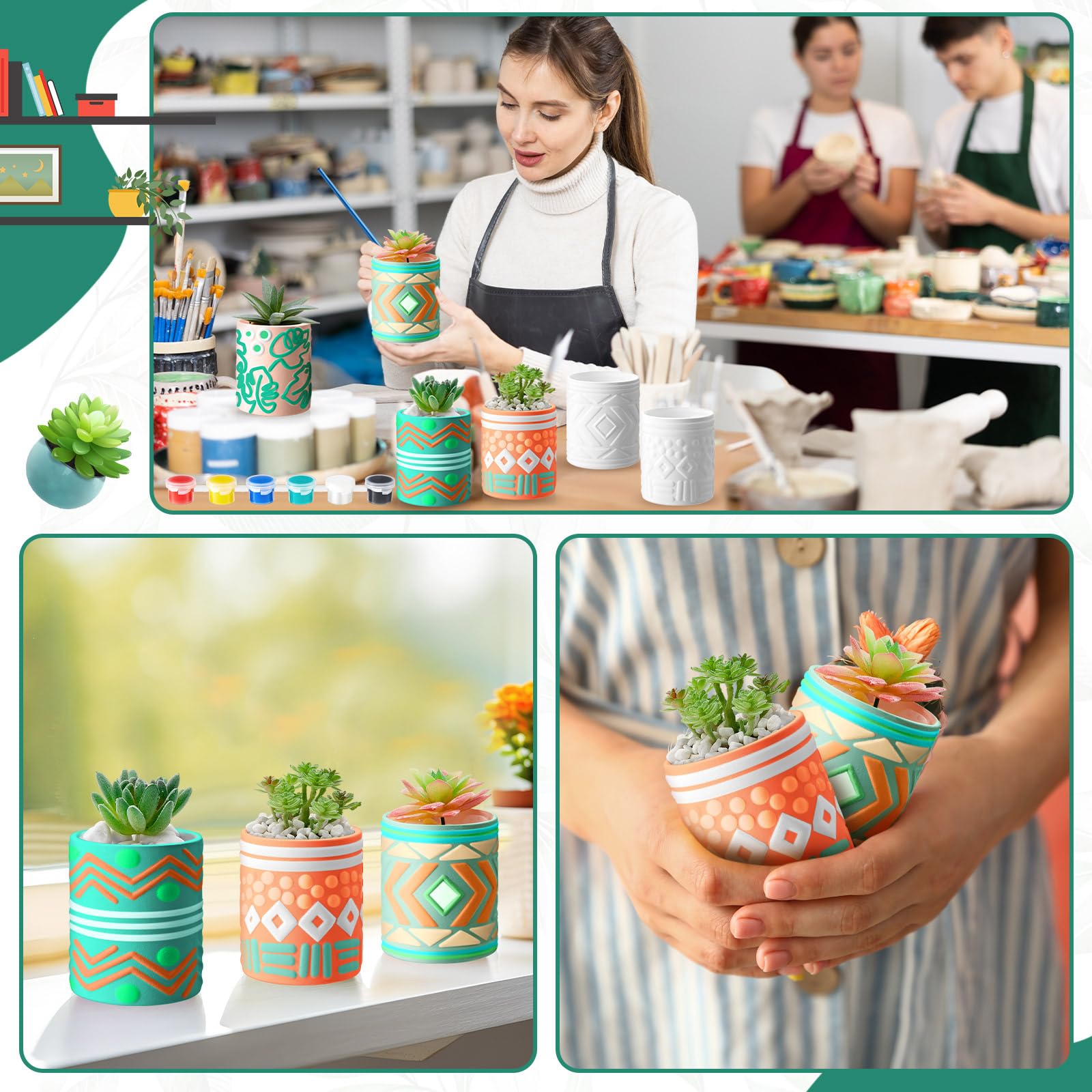 SiliFine Set mit 11 Stück, zum Selbermalen, Blumentopf-Malerei, enthält 8 unlackierte Keramik-Sukkulenten-Übertöpfe, 2 Farbfarben, 1 Set Pinsel für Klassenzimmer, Bastelaktivitäten (Bohemian)